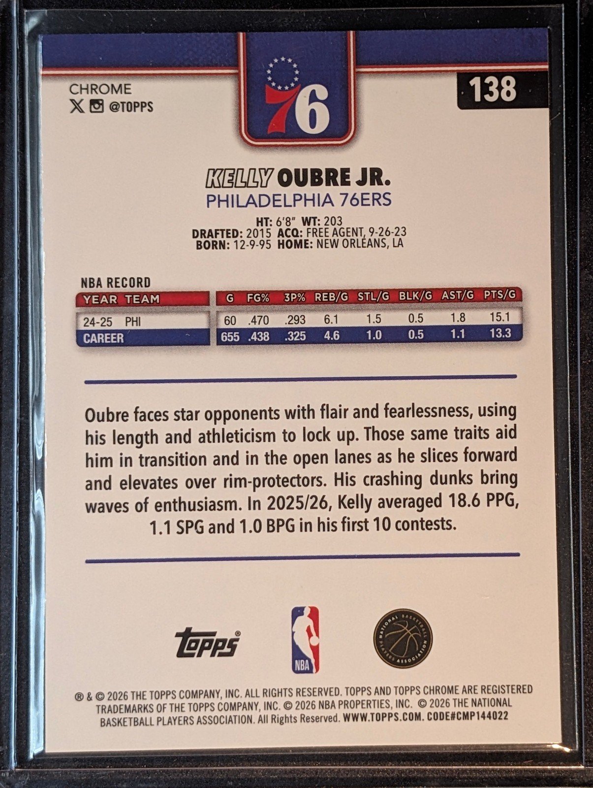 Back of 2025-26 Topps Chrome Update #138 Kelly Oubre Jr. Prism Refractor