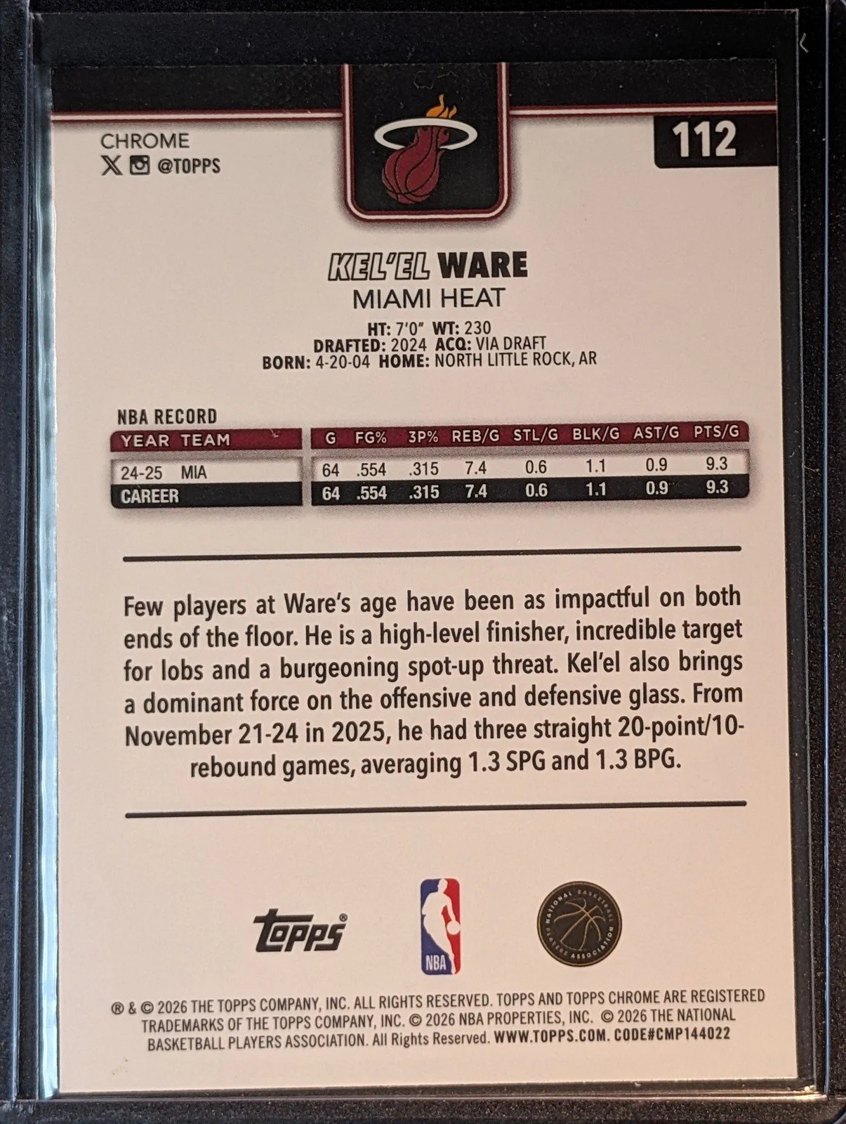 Back of 2025-26 Topps Chrome Update #112 Kel’el Ware Skylight Refractor