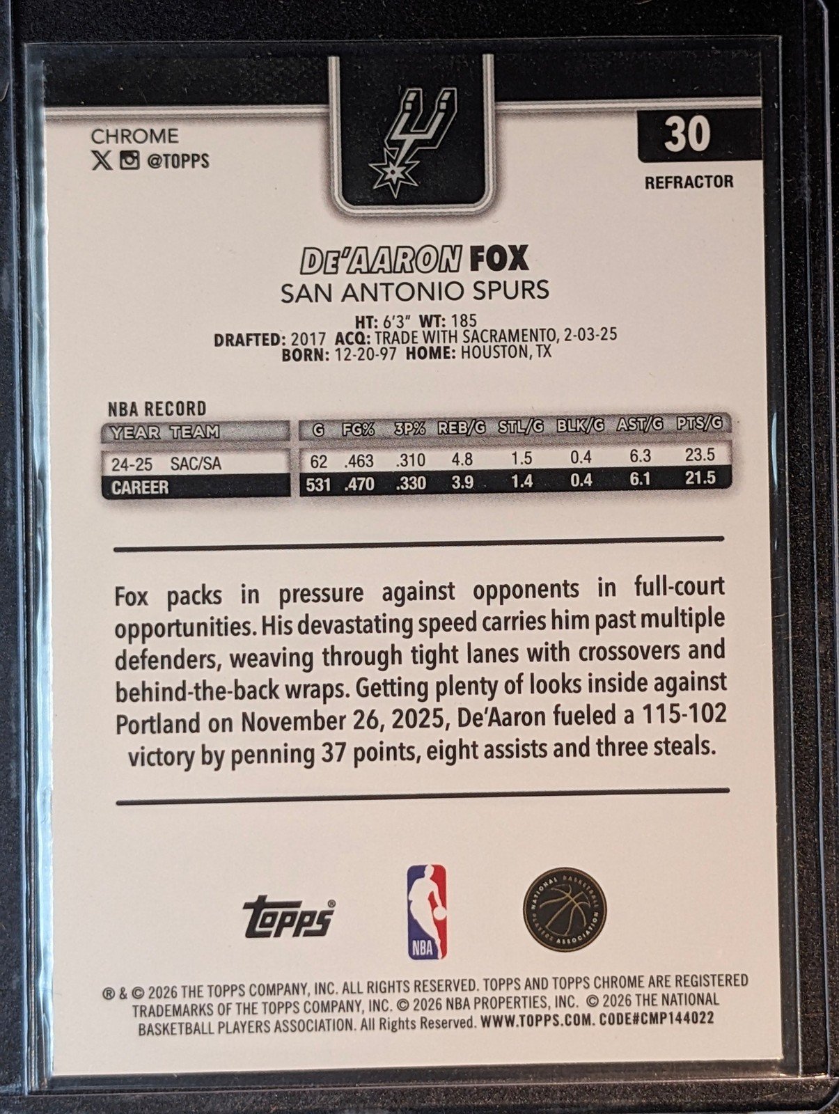 Back of 2025-26 Topps Chrome Update #30 De’Aaron Fox Refractor