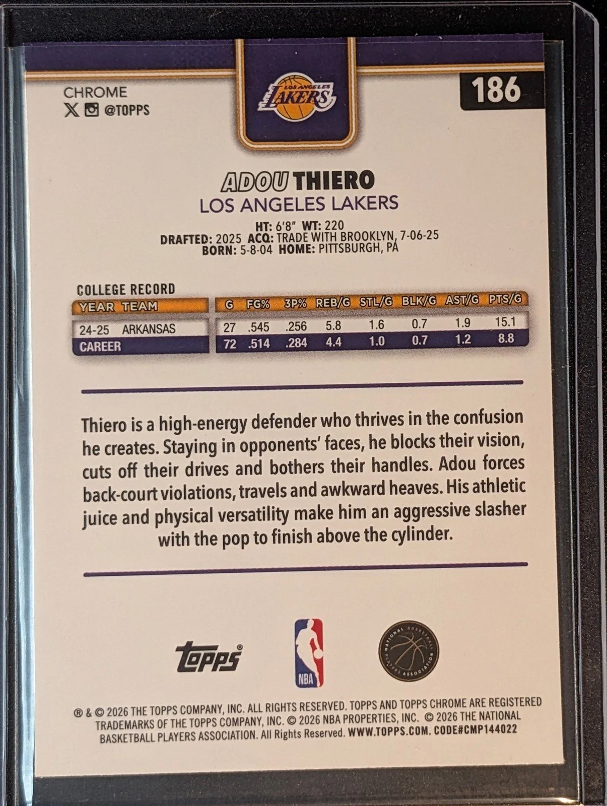 Back of 2025-26 Topps Chrome Update #186 Adou Thiero Hyper Refractor