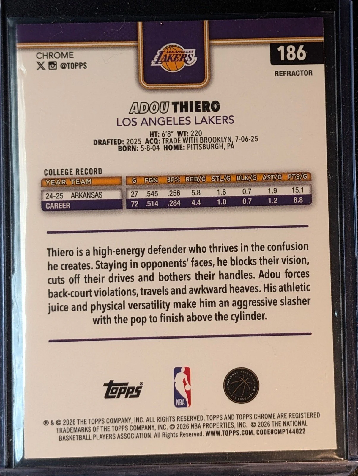 Back of 2025-26 Topps Chrome Update #186 Adou Thiero Refractor