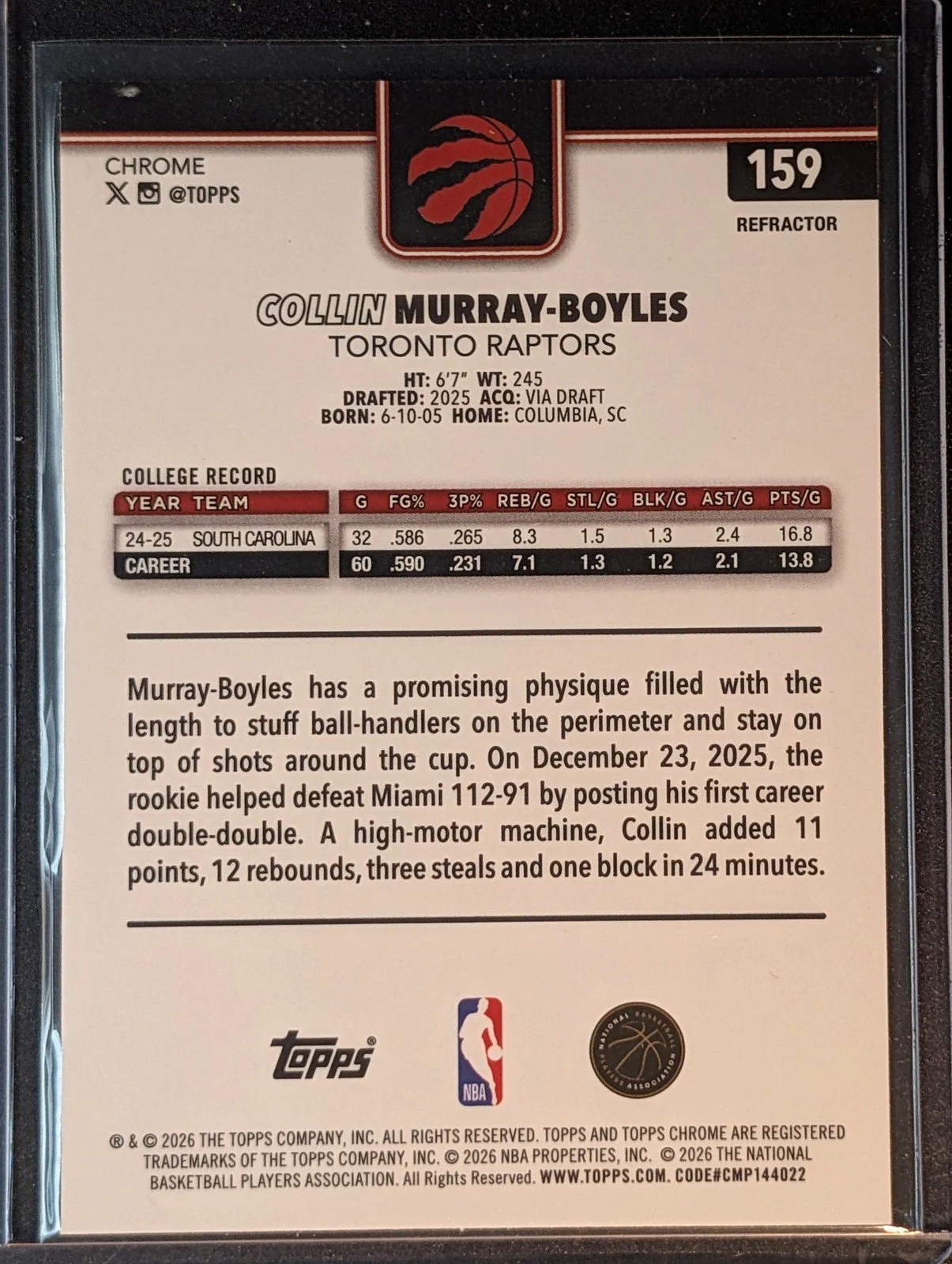 Back of 2025-26 Topps Chrome Update #159 Collin Murray-Boyles Refractor