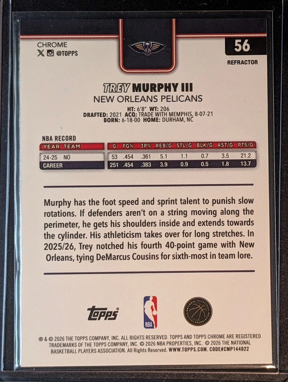 Back of 2025-26 Topps Chrome Update #56 Trey Murphy III Refractor