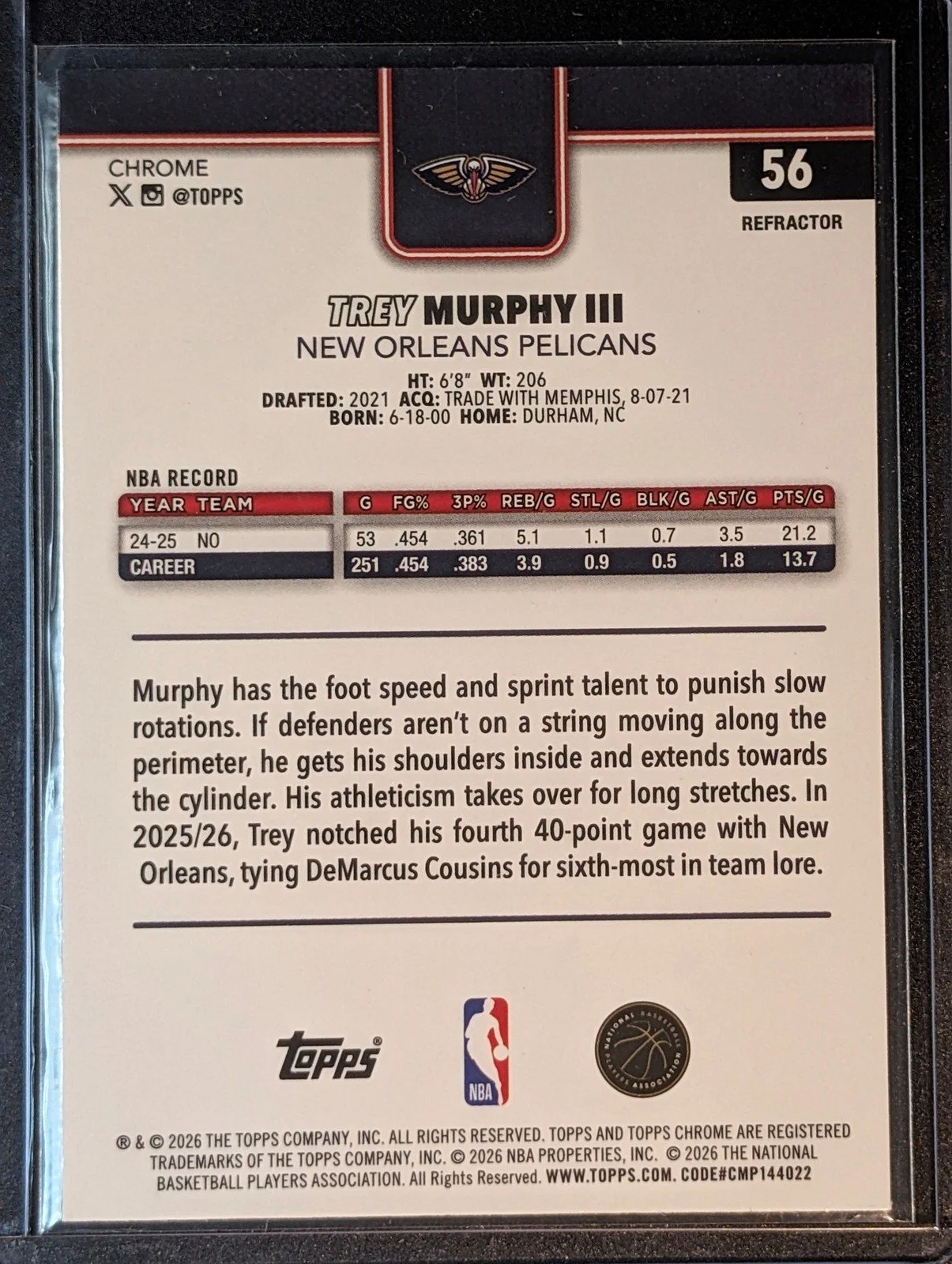 Back of 2025-26 Topps Chrome Update #56 Trey Murphy III Refractor