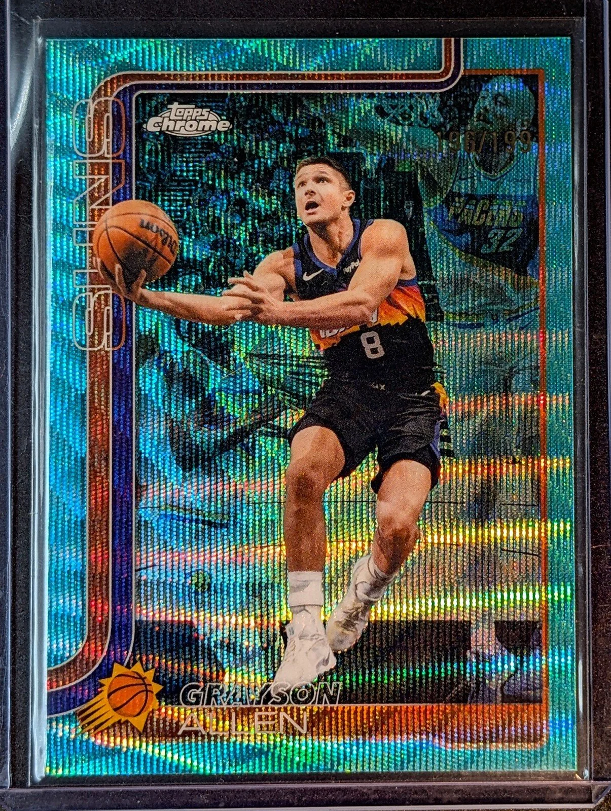 Front of 2025-26 Topps Chrome Update /199 Grayson Allen Aqua Wave Refractor #95