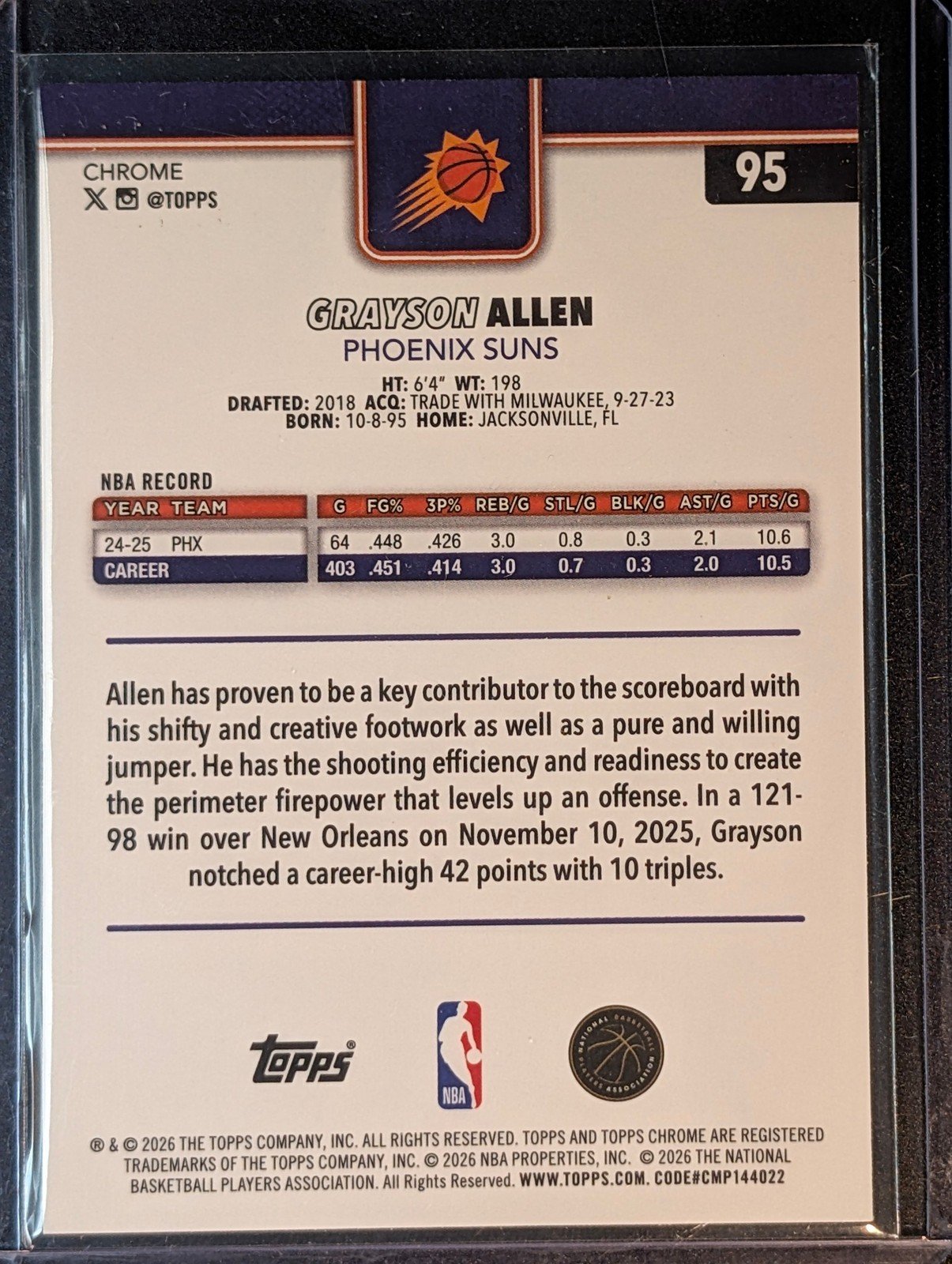 Back of 2025-26 Topps Chrome Update /199 Grayson Allen Aqua Wave Refractor #95