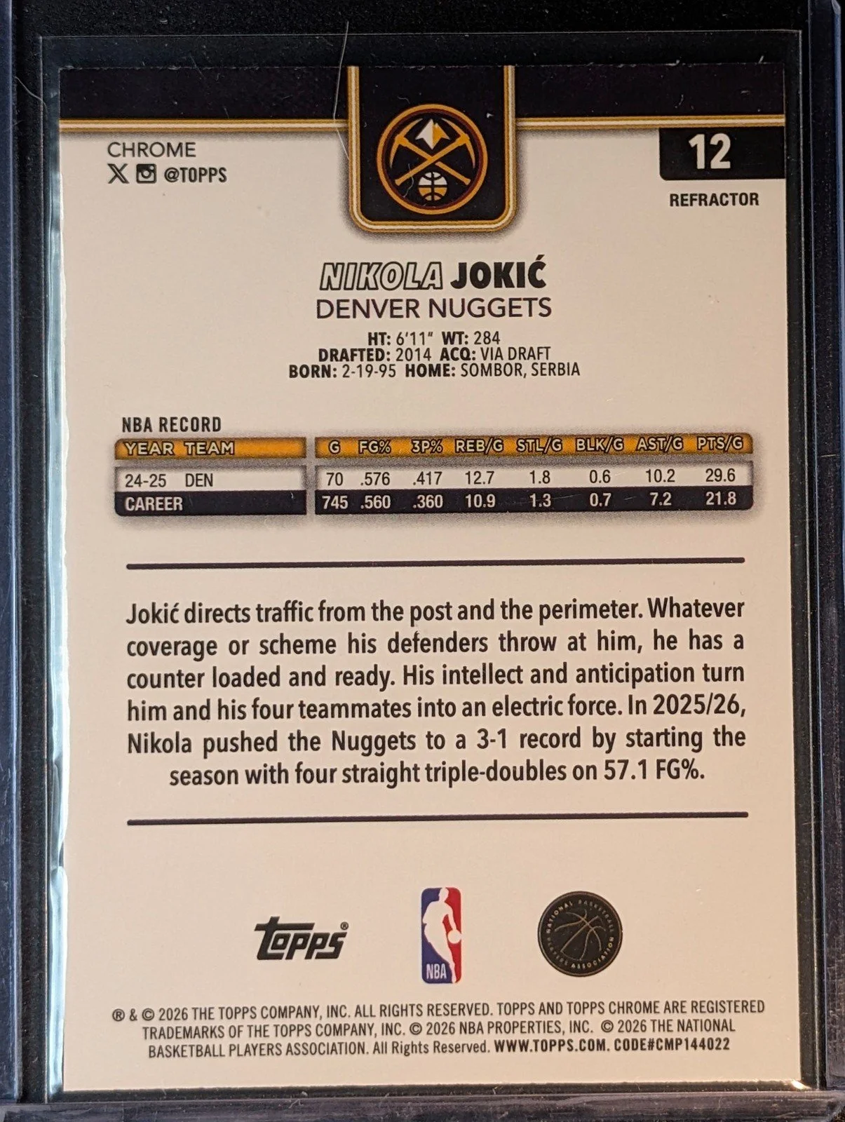 Back of 2025-26 Topps Chrome Update #12 Nikola Jokić Refractor