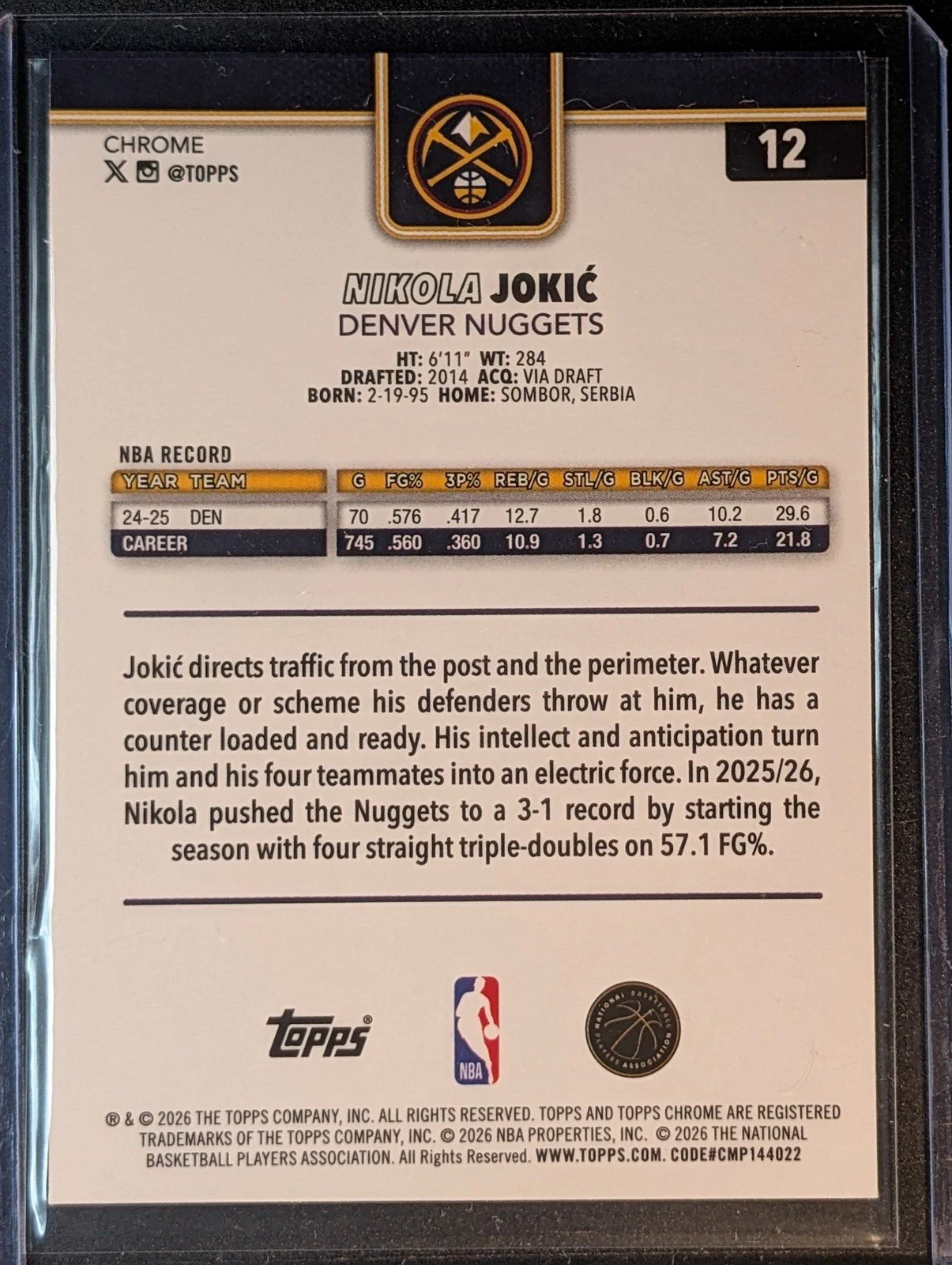 Back of 2025-26 Topps Chrome Update #12 Nikola Jokić Prism Refractor