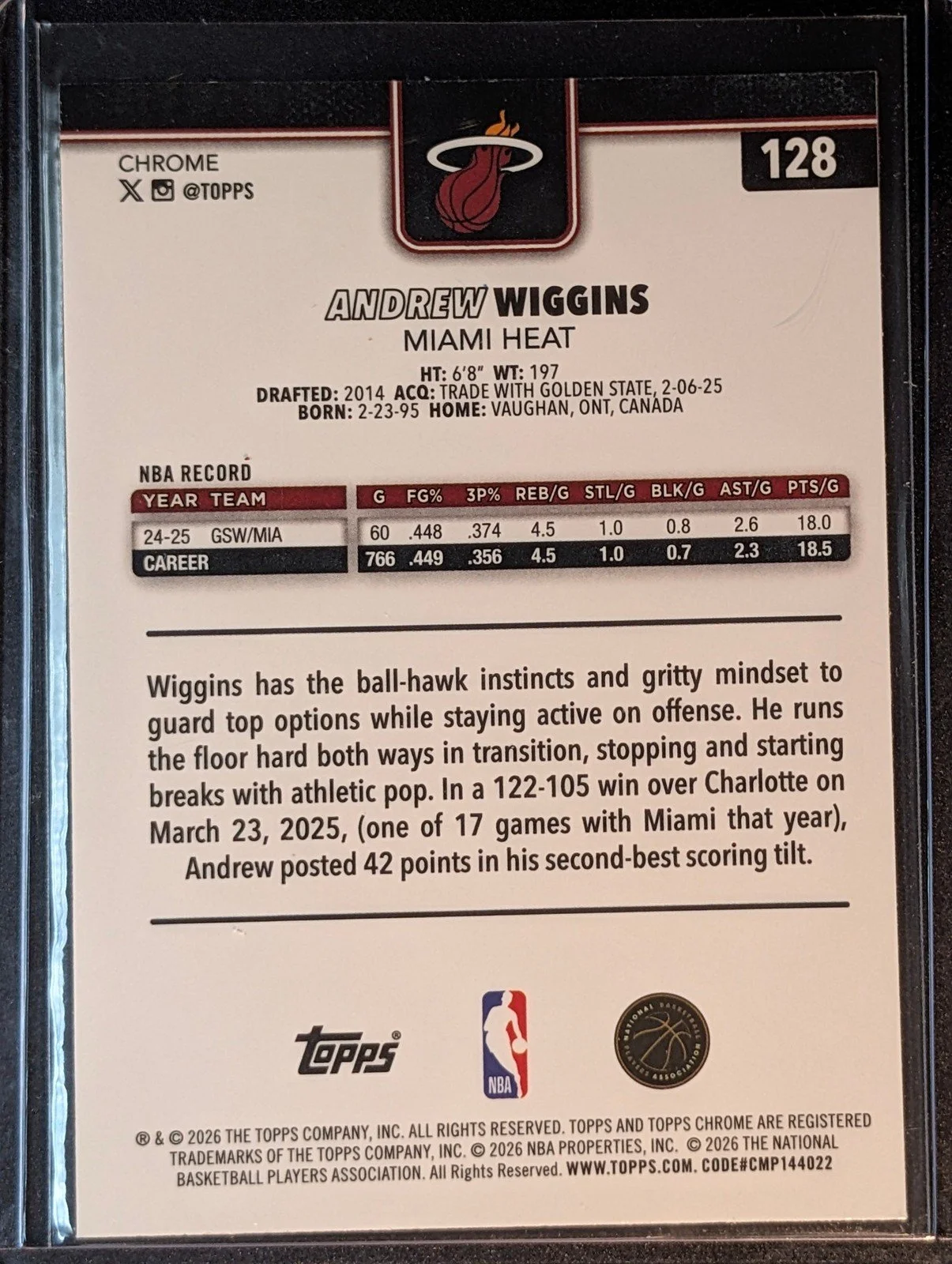 Back of 2025-26 Topps Chrome Update #128 Andrew Wiggins Refractor