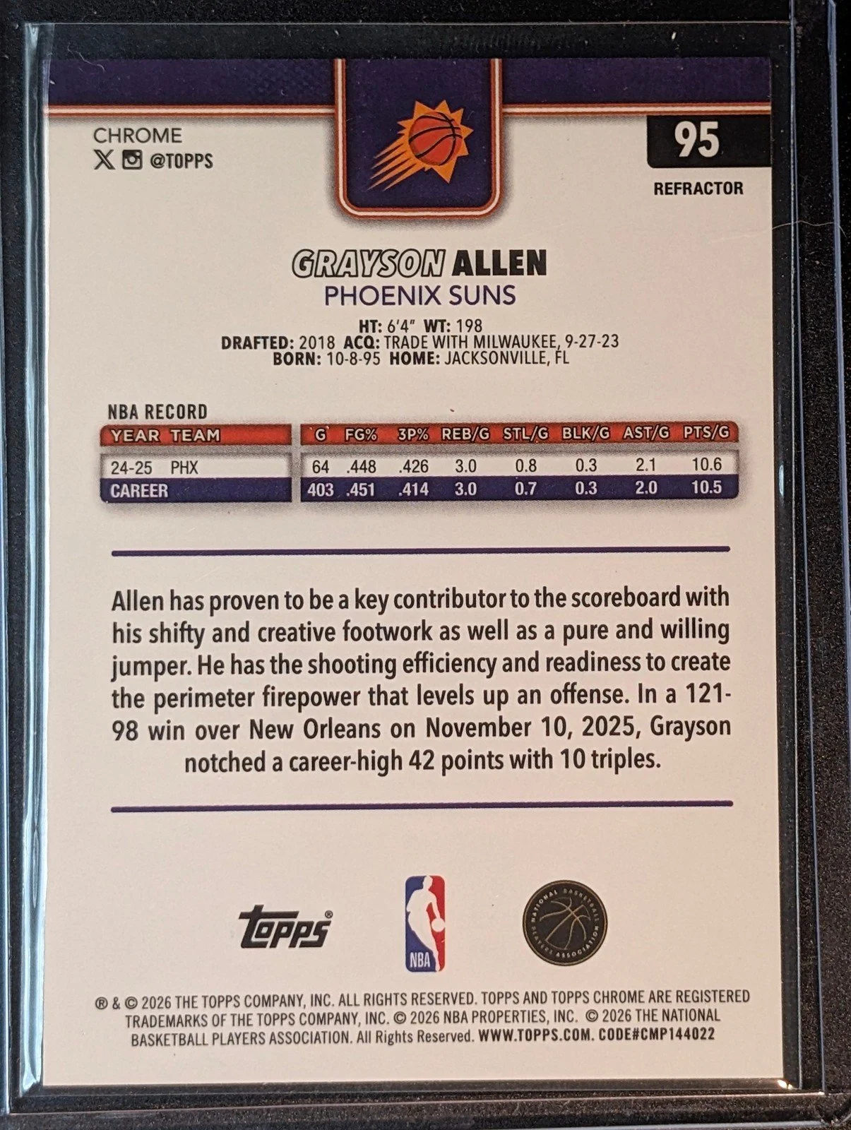 Back of 2025-26 Topps Chrome Update #95 Grayson Allen Refractor