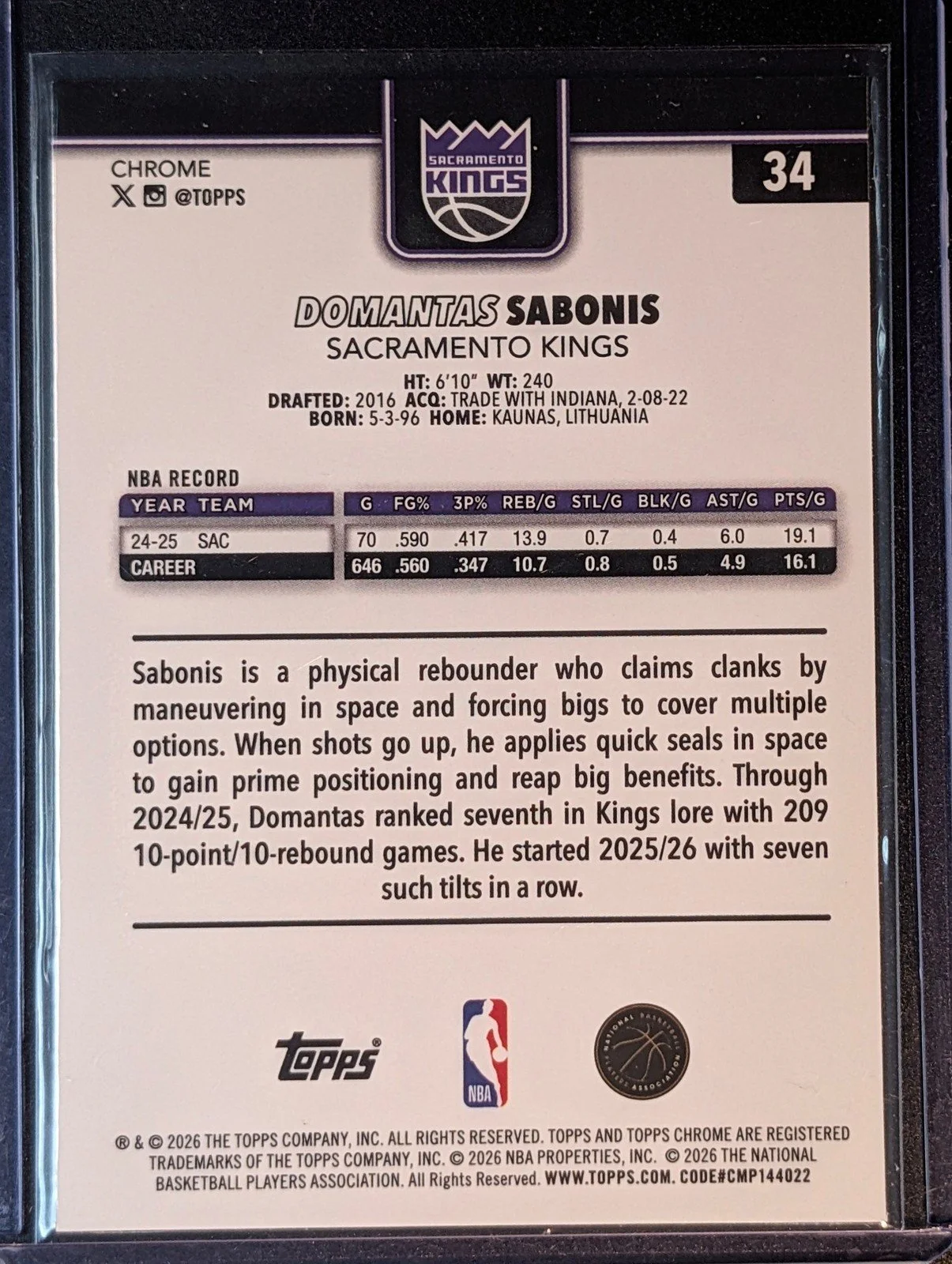 Back of 2025-26 Topps Chrome Update #34 Domantas Sabonis Negative Refractor