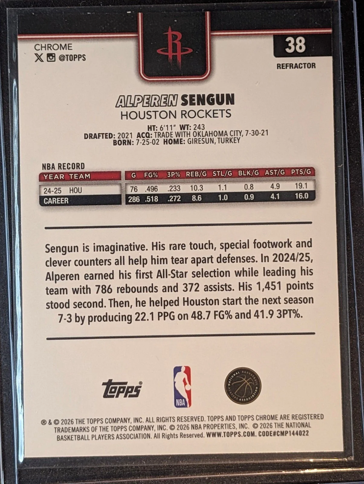 Back of 2025-26 Topps Chrome Update #38 Alperen Sengun Refractor