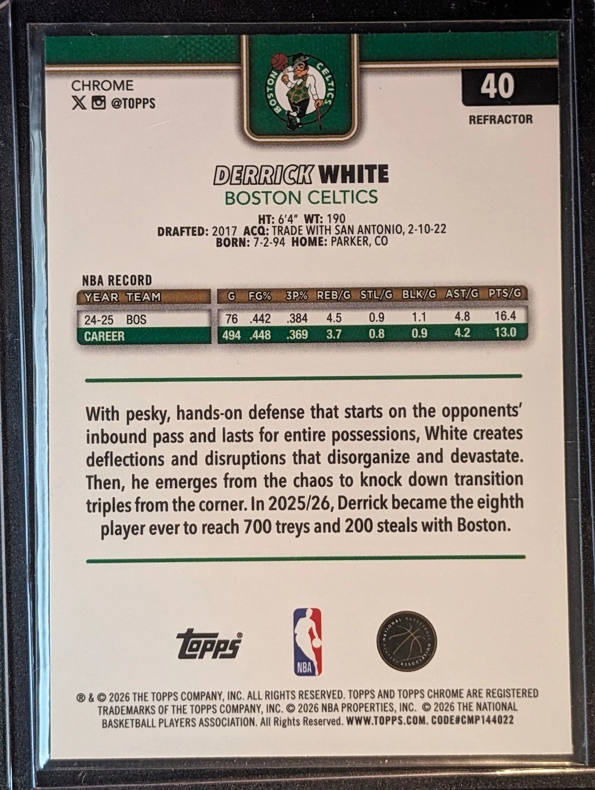 Back of 2025-26 Topps Chrome Update #40 Derrick White Refractor