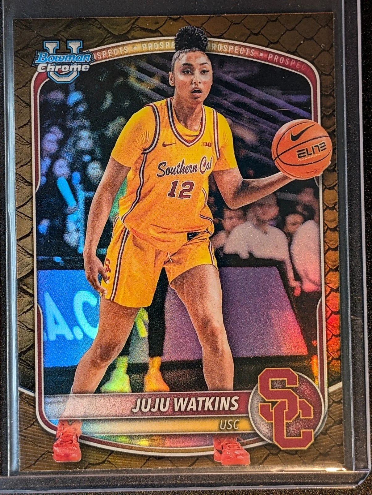 Front of 2025-26 Bowman #BCP-96 Juju Watkins Chrome Prospects Reptilian Refractor
