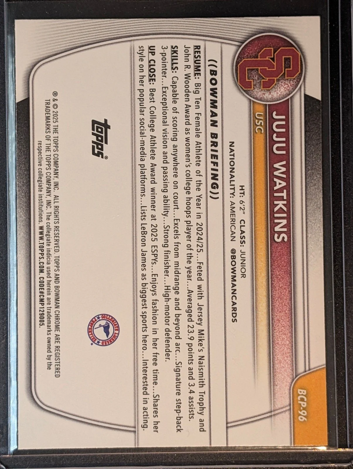 Back of 2025-26 Bowman #BCP-96 Juju Watkins Chrome Prospects Reptilian Refractor