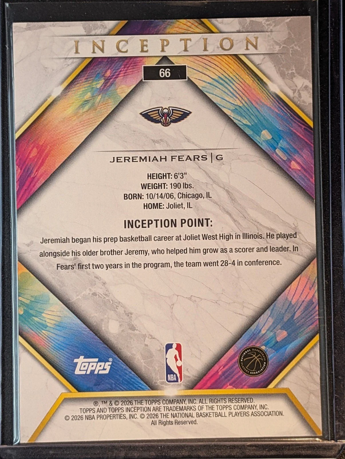 Back of 2025-26 Topps Inception #66 Jeremiah Fears Rookie