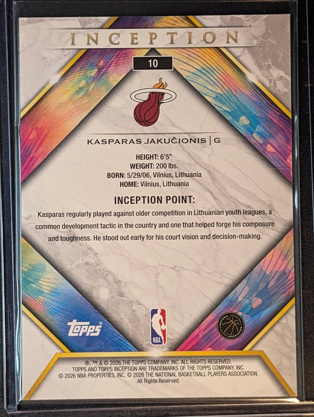 Back of 2025-26 Topps Inception #10 Kasparas Jakučionis Rookie