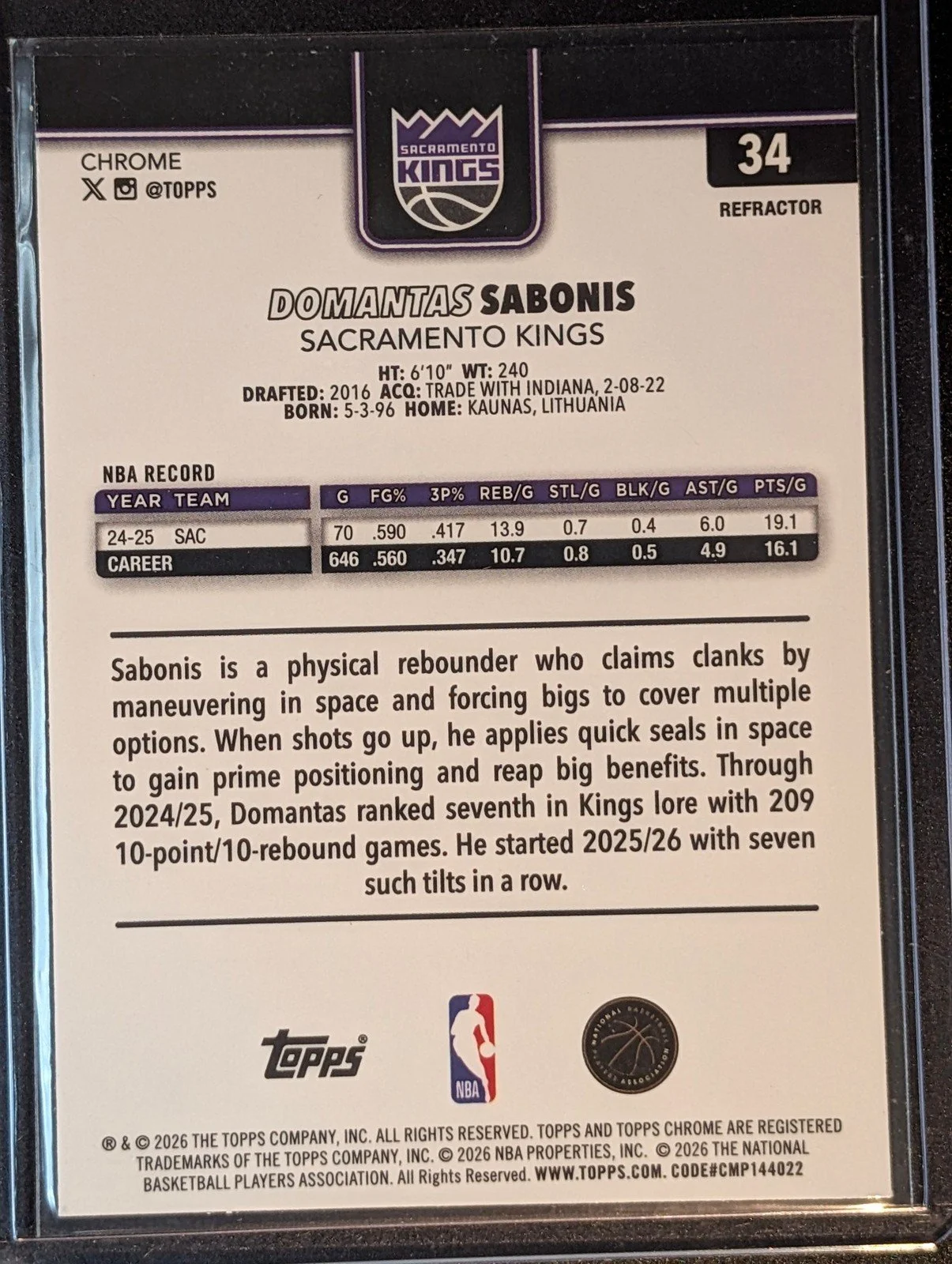 Back of 2025-26 Topps Chrome Update #34 Domantas Sabonis Refractor