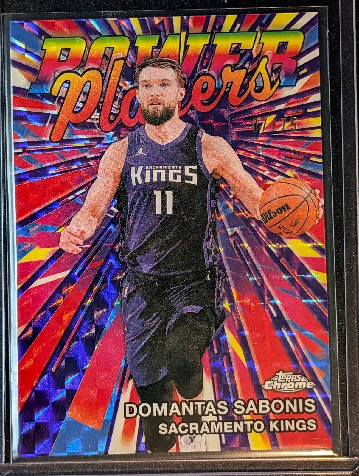 Front of 2025-26 Topps Chrome Update /75 Domantas Sabonis Power Players Refractor