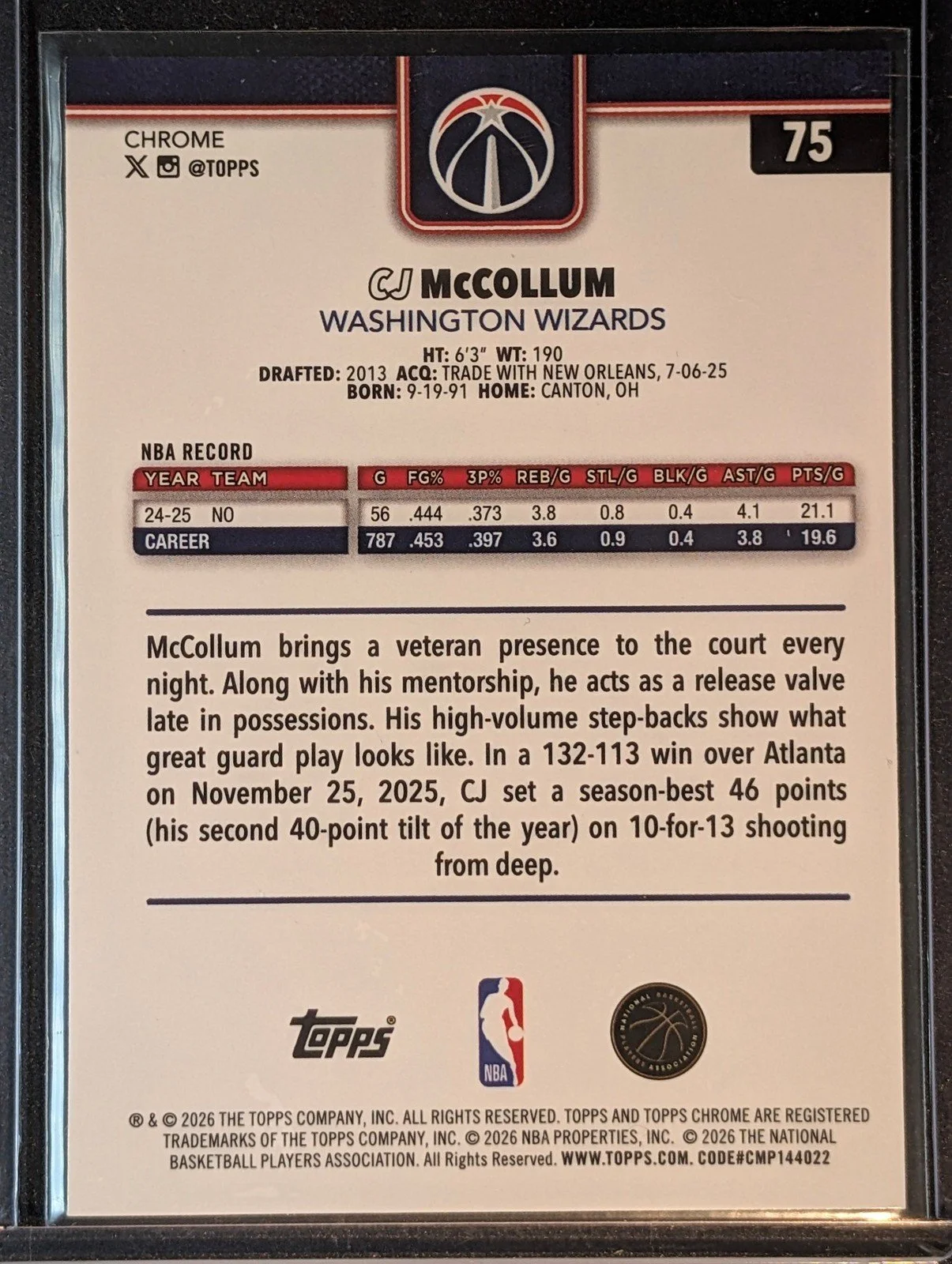 Back of 2025-26 Topps Chrome Update /99 #75 CJ McCollum Geometric Refractor