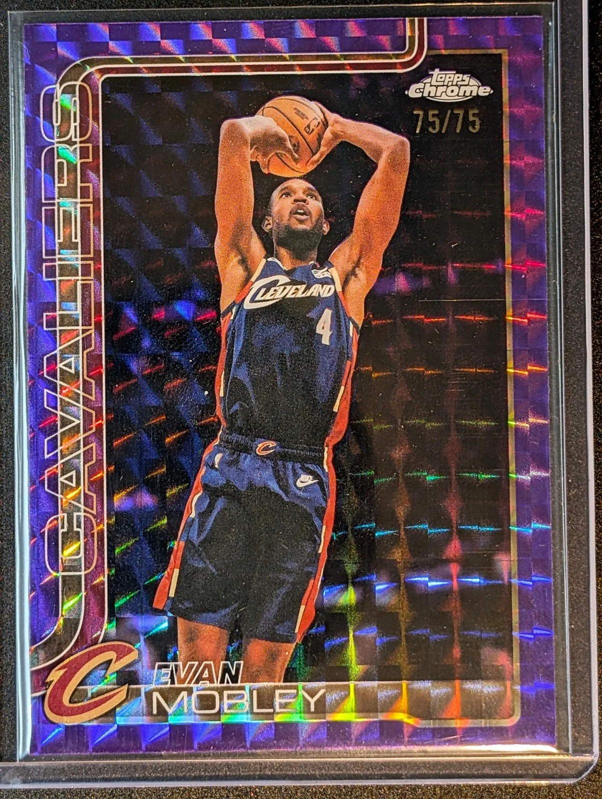 Front of 2025-26 Topps Chrome Update 75/75 Evan Mobley Purple Geometric Refractor /75