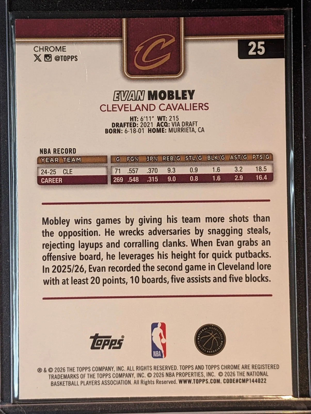 Back of 2025-26 Topps Chrome Update 75/75 Evan Mobley Purple Geometric Refractor /75