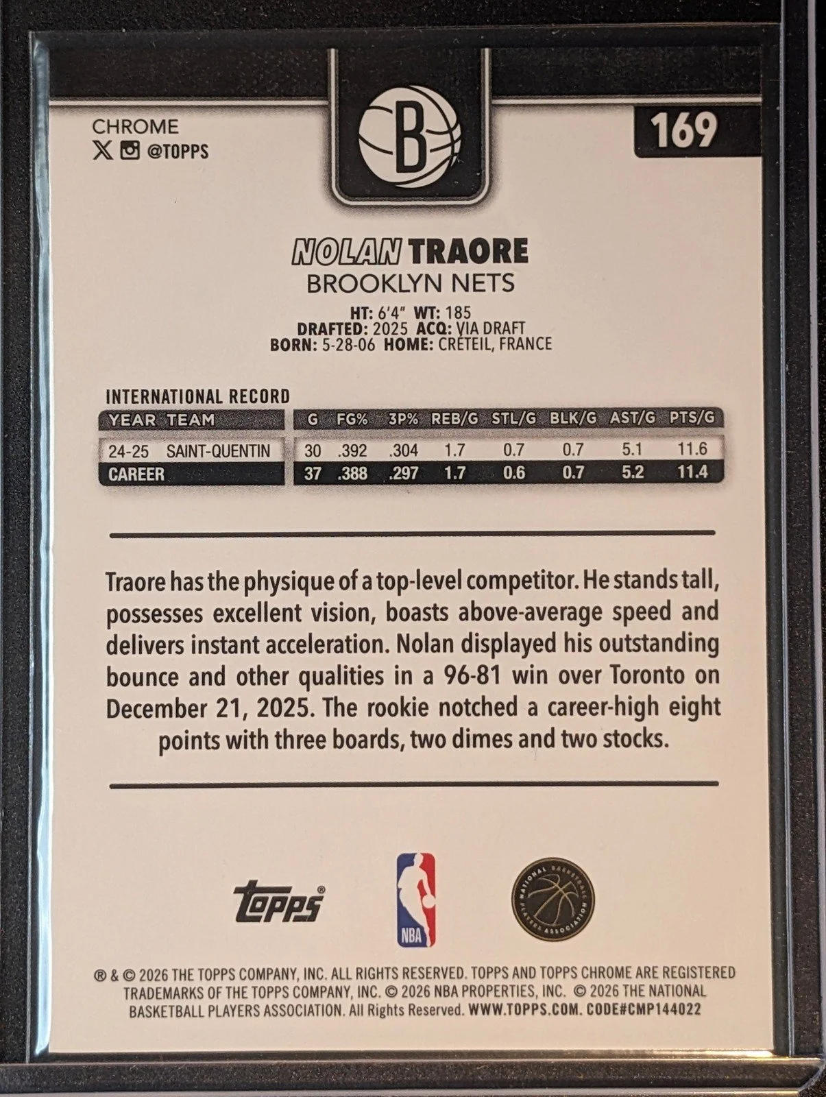 Back of 2025-26 Topps Chrome Update /99 Nolan Traore Geometric Refractor Rookie