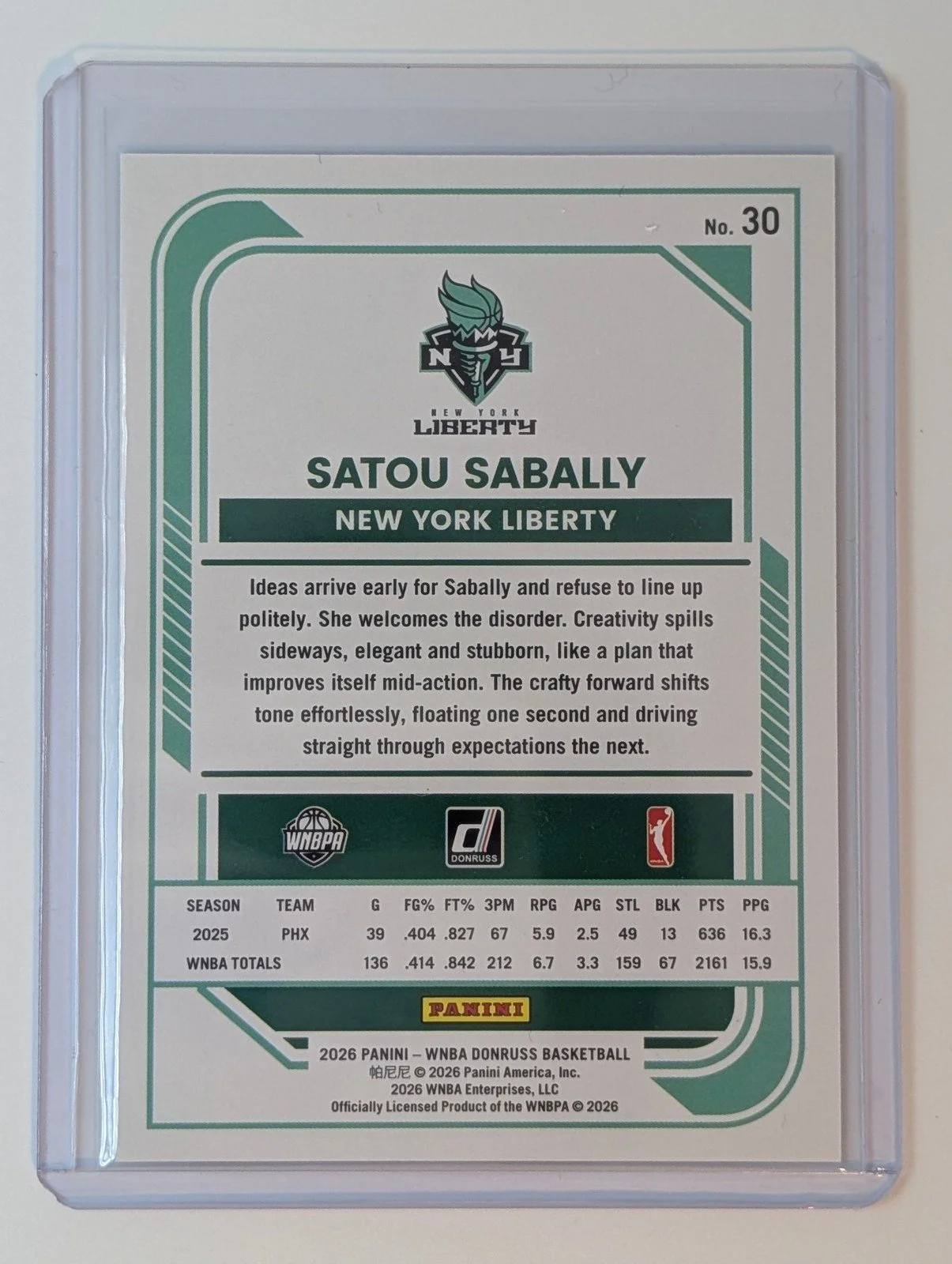 Back of BOOKEND 9/9 SSP FOTL 2026 Panini Donruss WNBA Satou Sabally Holo Team Logo /9