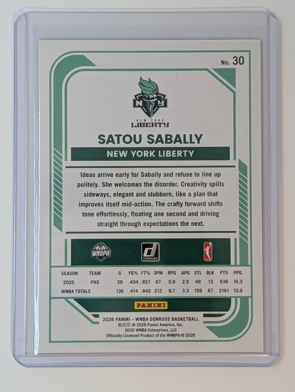 Back of 2026 Panini Donruss WNBA /30 Satou Sabally 30th Anniversary Orange #30