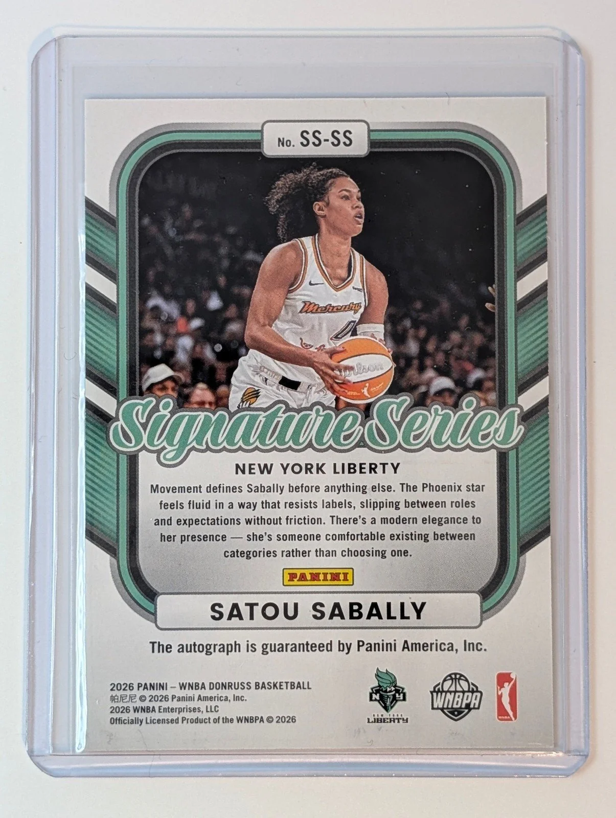 Back of 2026 Donruss WNBA /13 FOTL Satou Sabally Signature Series Orange Laser #SS-SS
