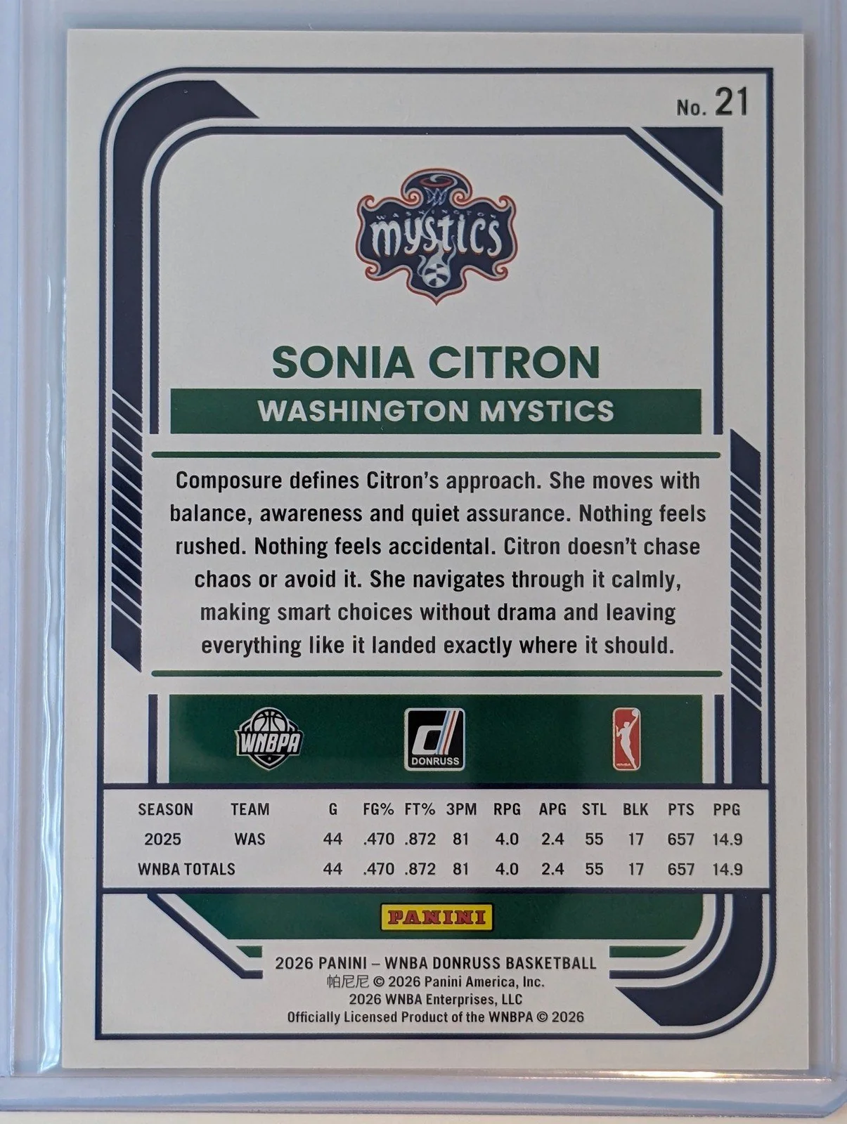 Back of 2026 Panini Donruss WNBA /399 Green Laser Sonia Citron #21