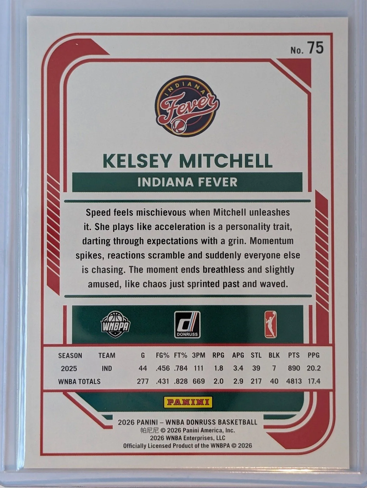 Back of 2026 Panini Donruss WNBA #75 Kelsey Mitchell Holo
