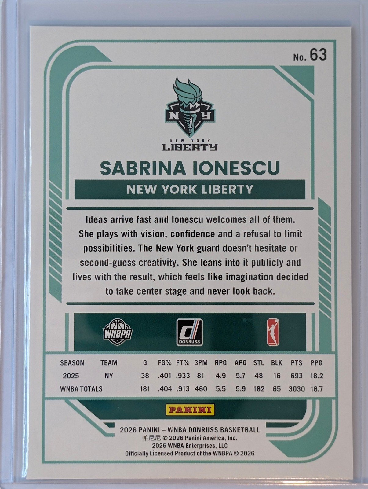 Back of 2026 Panini Donruss WNBA #63 Sabrina Ionescu Holo