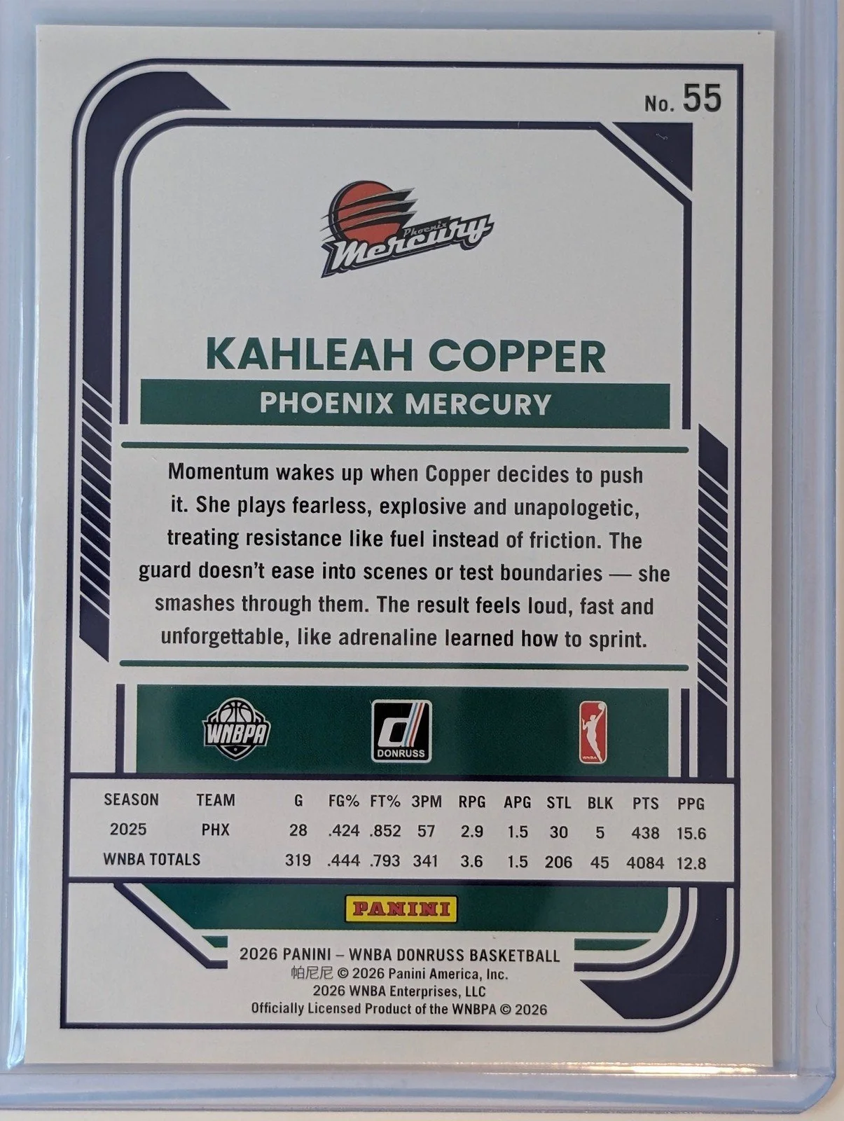 Back of 2026 Panini Donruss WNBA #55 Kahleah Copper Holo