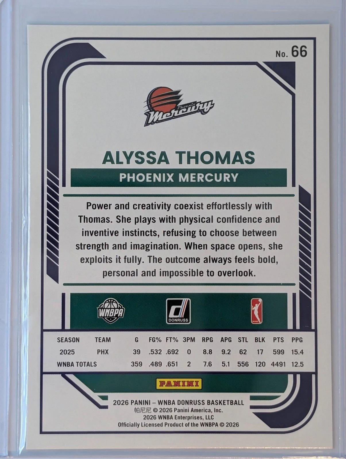 Back of 2026 Panini Donruss WNBA #66 Alyssa Thomas Holo