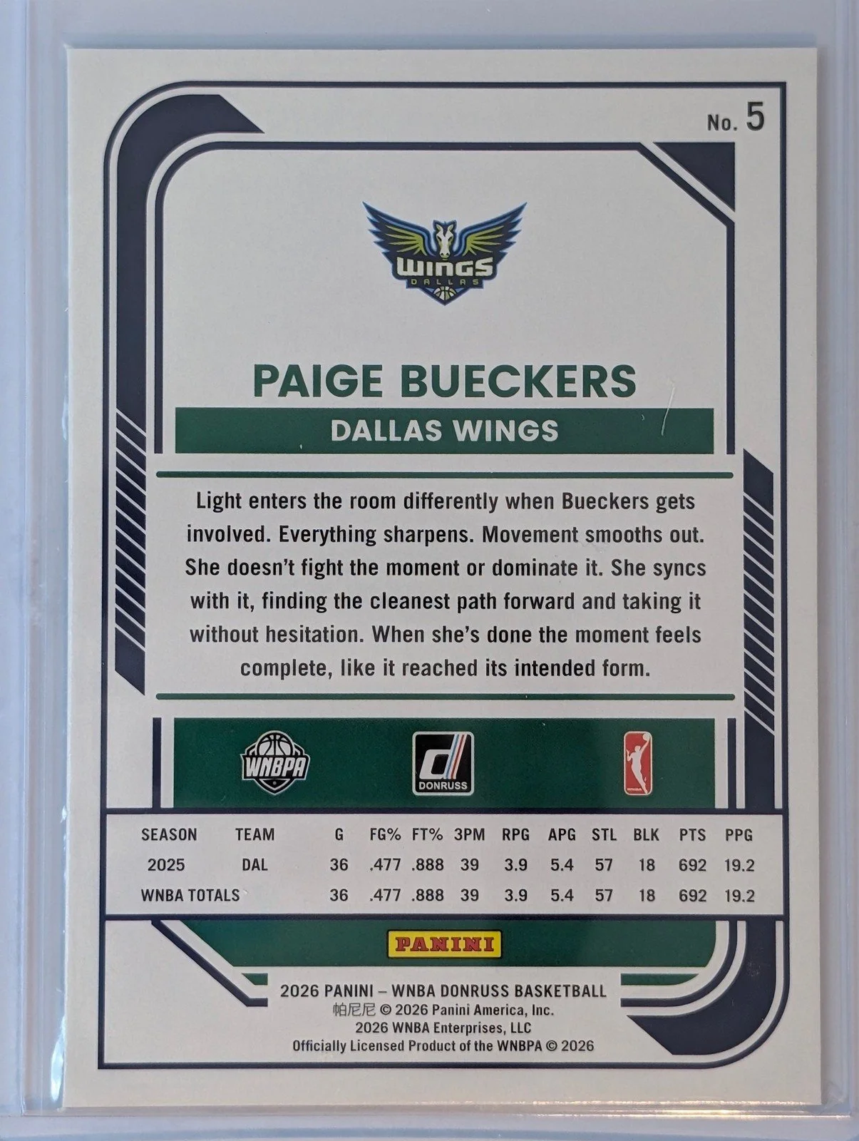Back of 2026 Panini Donruss WNBA #5 Paige Bueckers