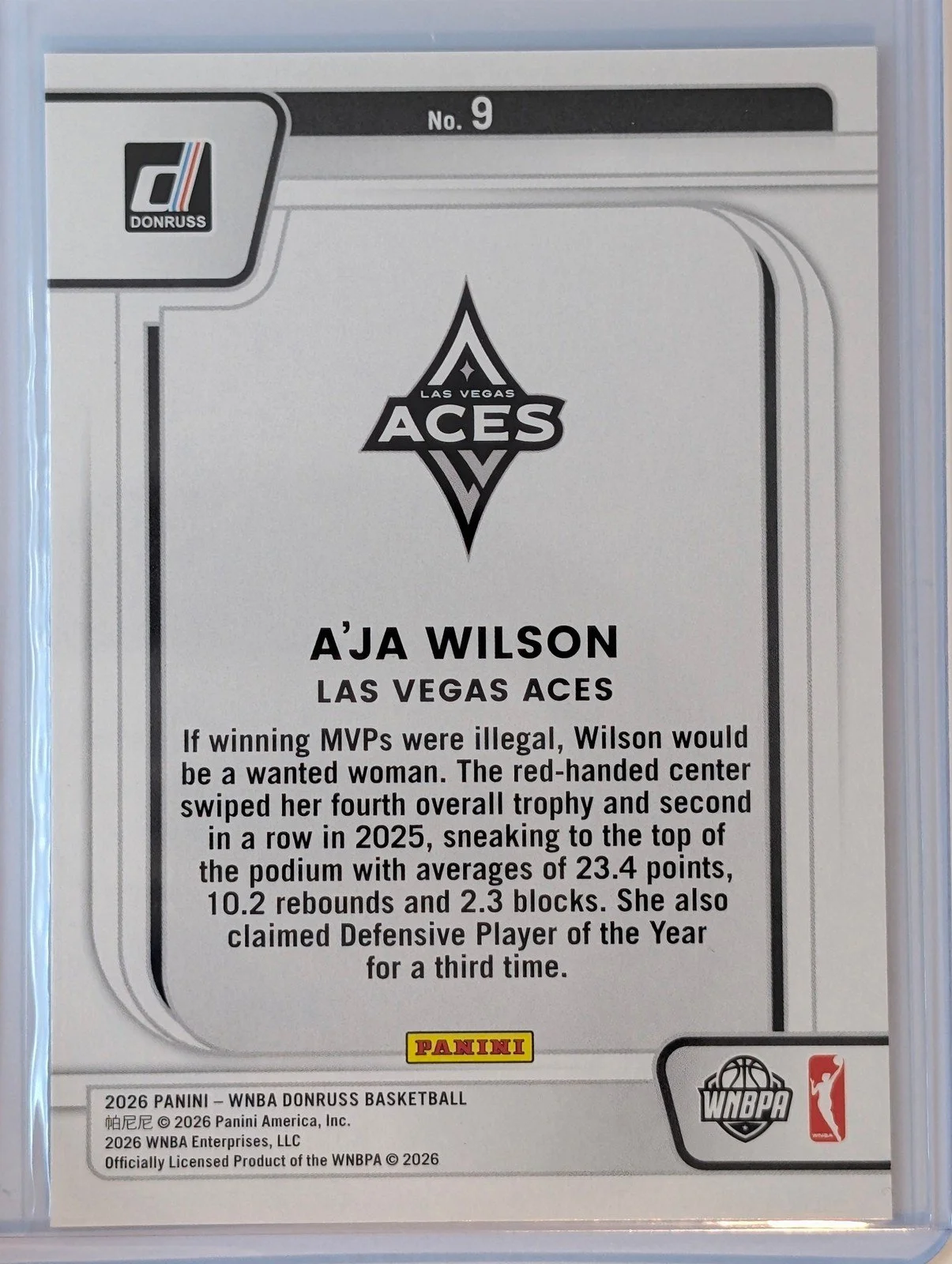 Back of 2026 Panini Donruss WNBA Franchise Features #9 A'ja Wilson