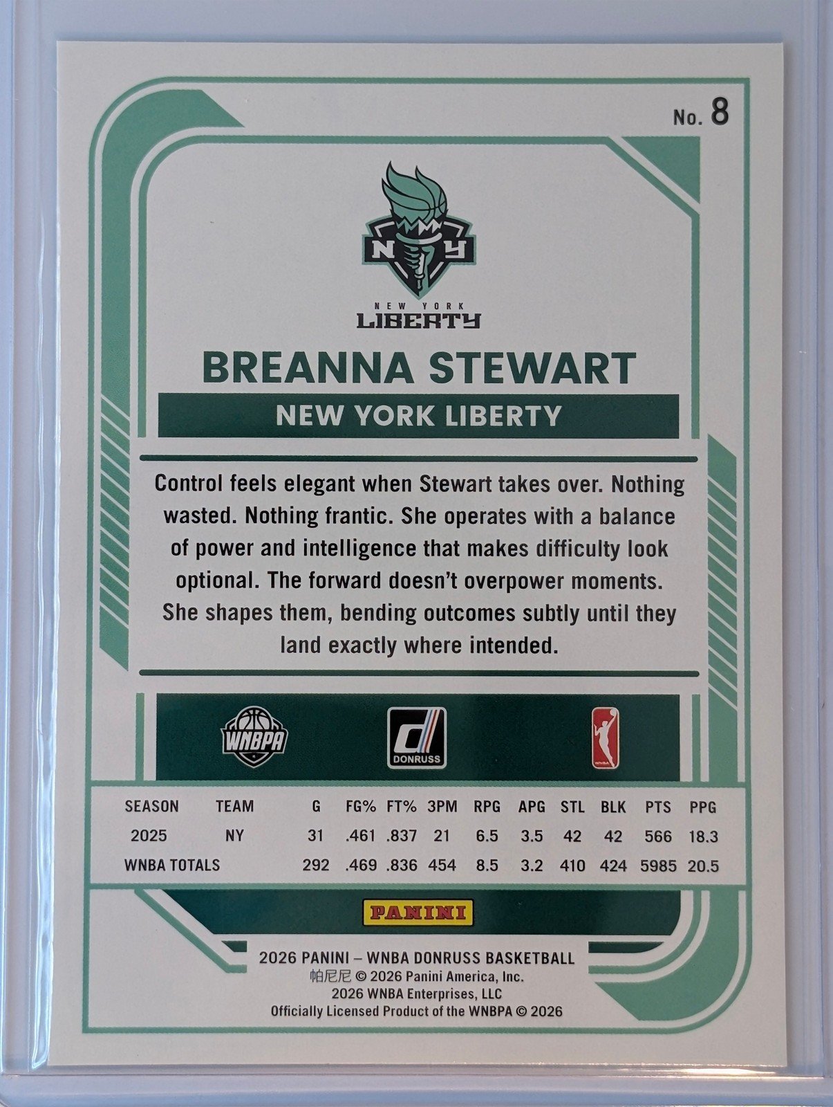 Back of 2026 Panini Donruss WNBA #8 Breanna Stewart Holo