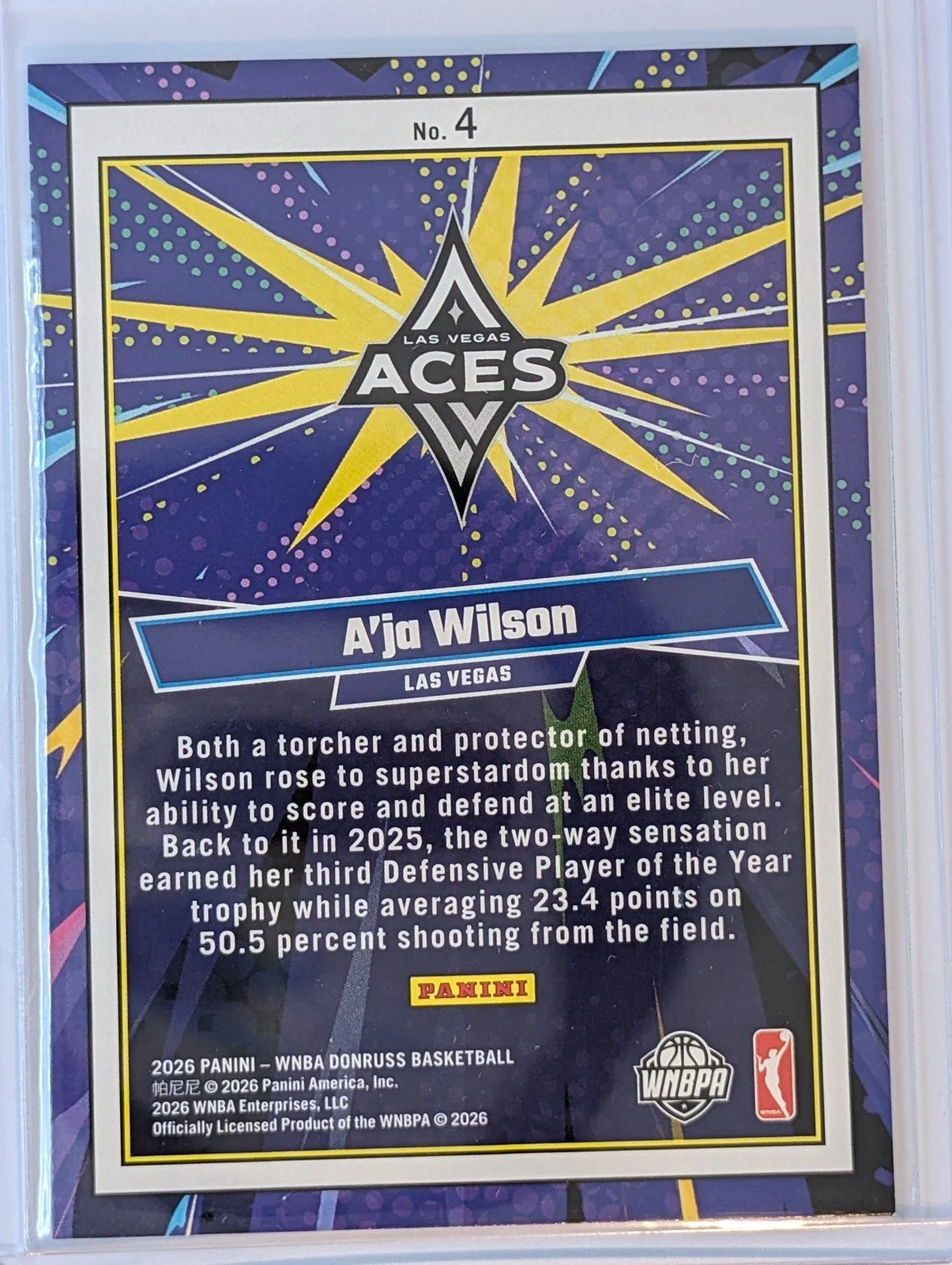 Back of 2026 Panini Donruss WNBA A'ja Wilson Net Marvels #4