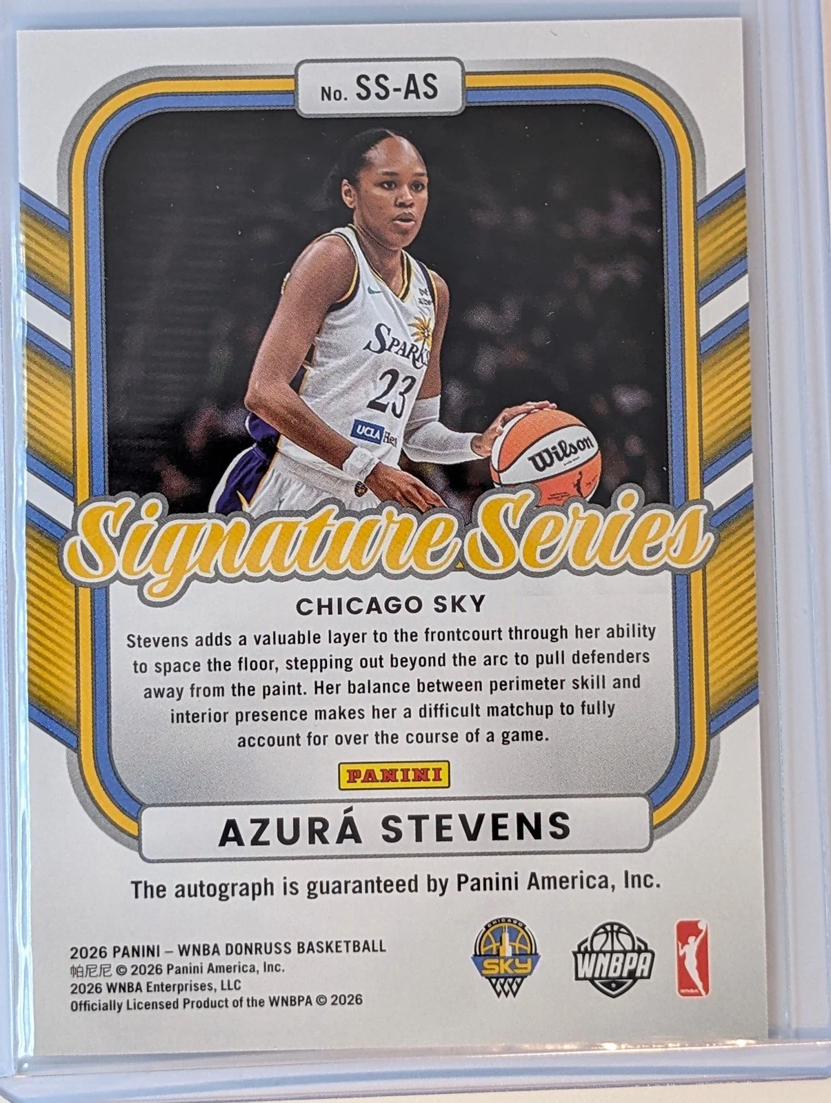 Back of 2026 Panini Donruss WNBA Azuré Stevens Signature Series Autograph