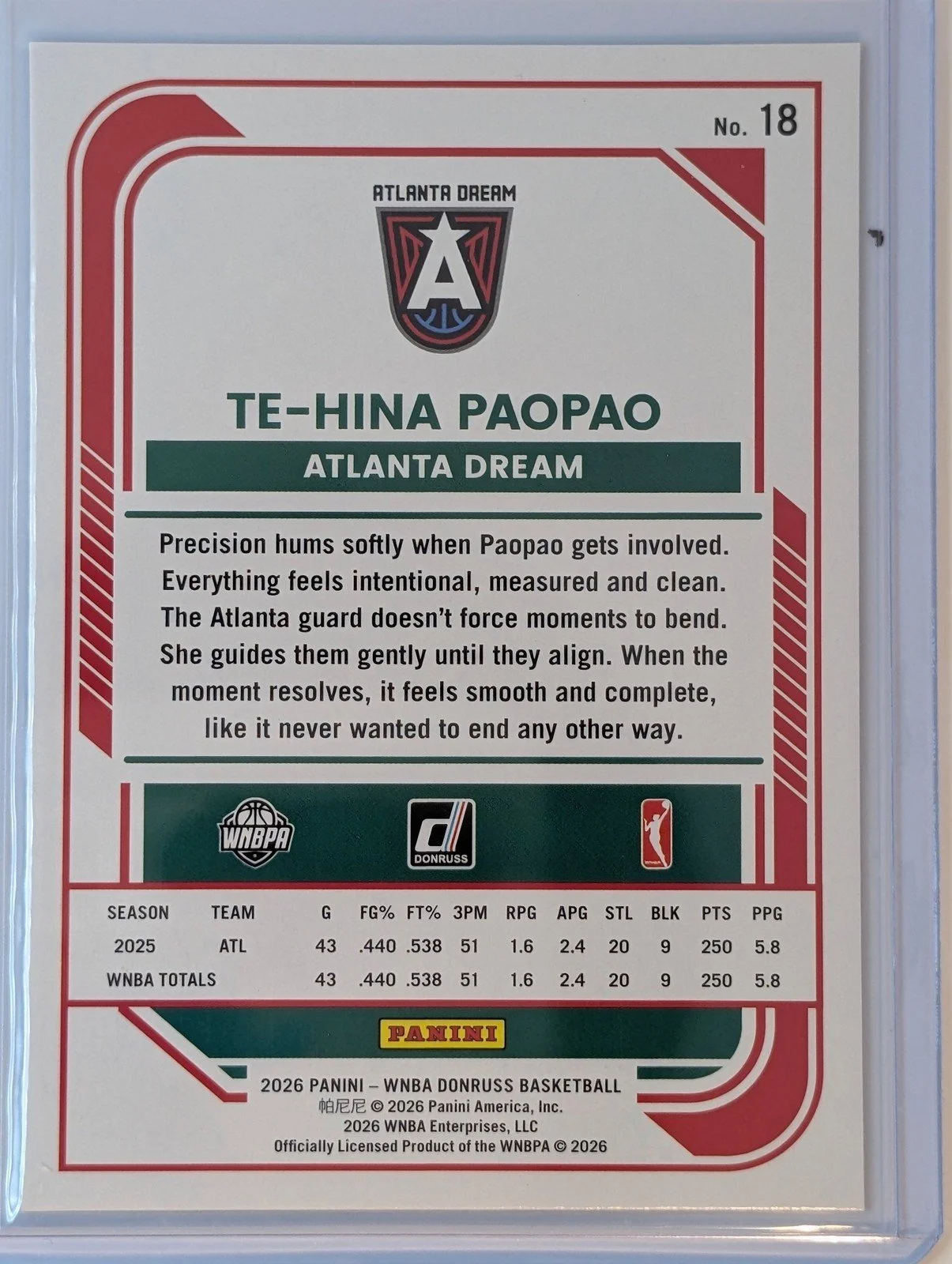 Back of 2026 Panini Donruss WNBA #18 Te-hina Paopao Holo