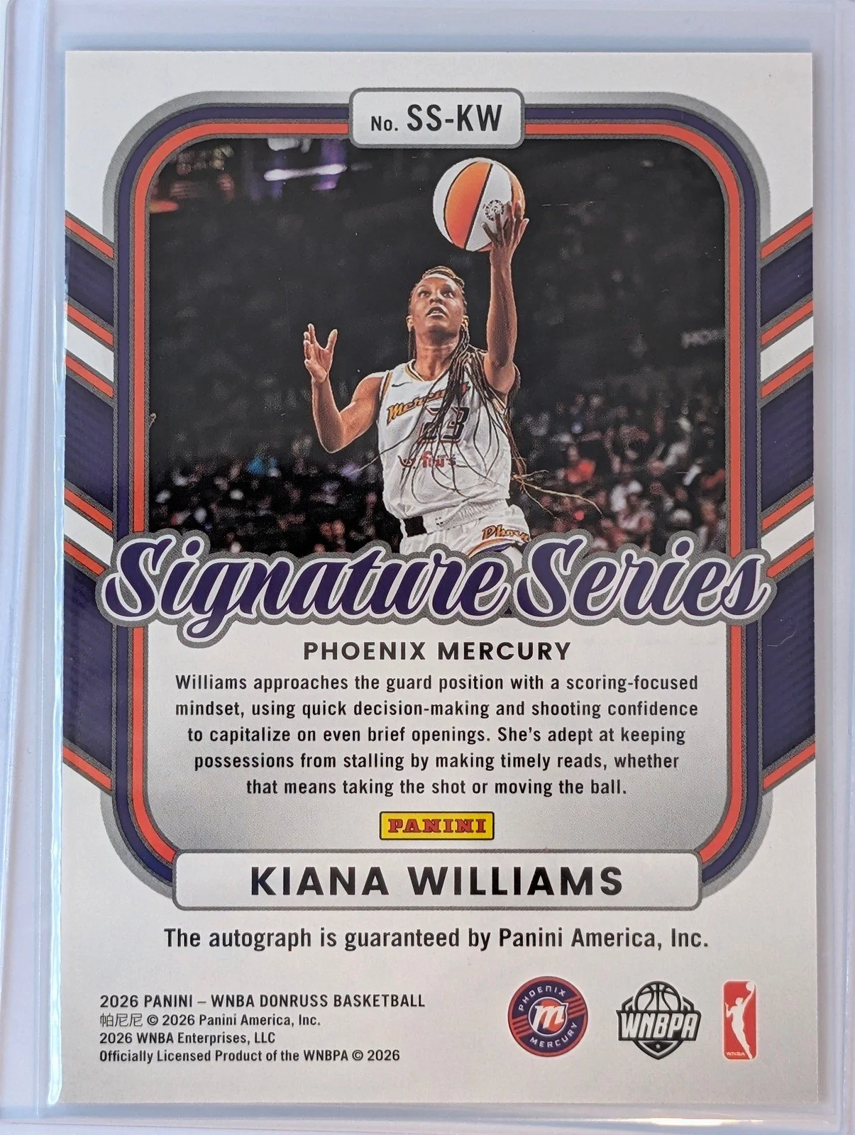 Back of 2026 Panini Donruss WNBA Kiana Williams Signature Series Autograph
