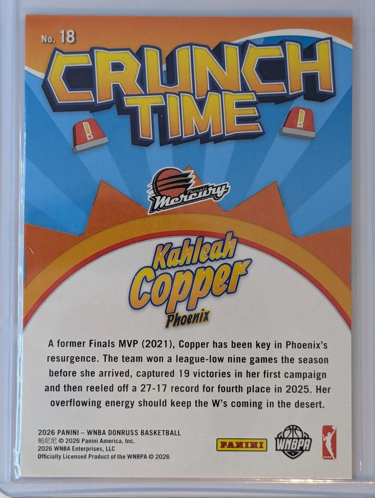 Back of 2026 Panini Donruss WNBA Crunch Time #18 Kahleah Copper