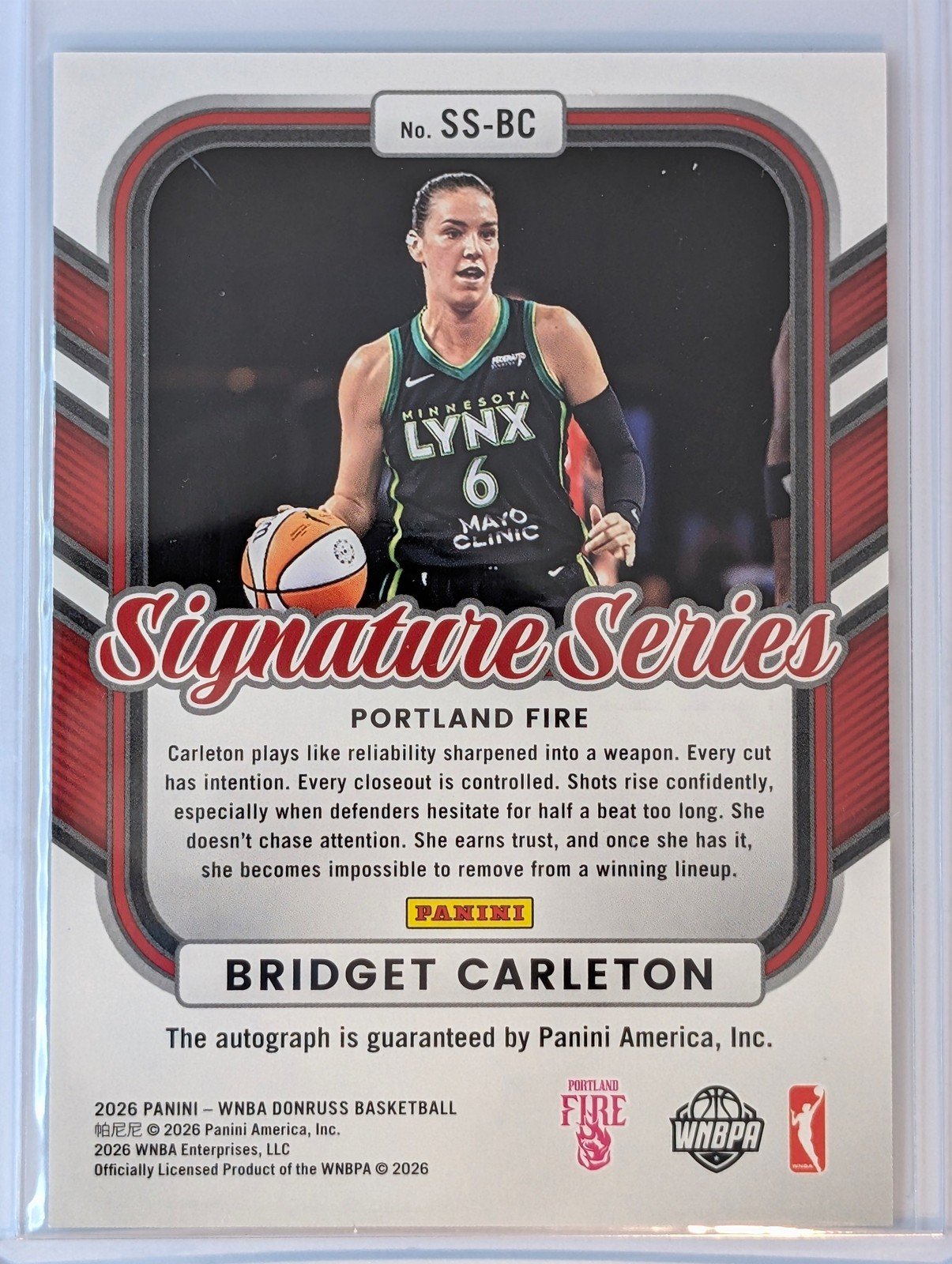 Back of 2026 Panini Donruss WNBA Bridget Carleton Signature Series Autograph