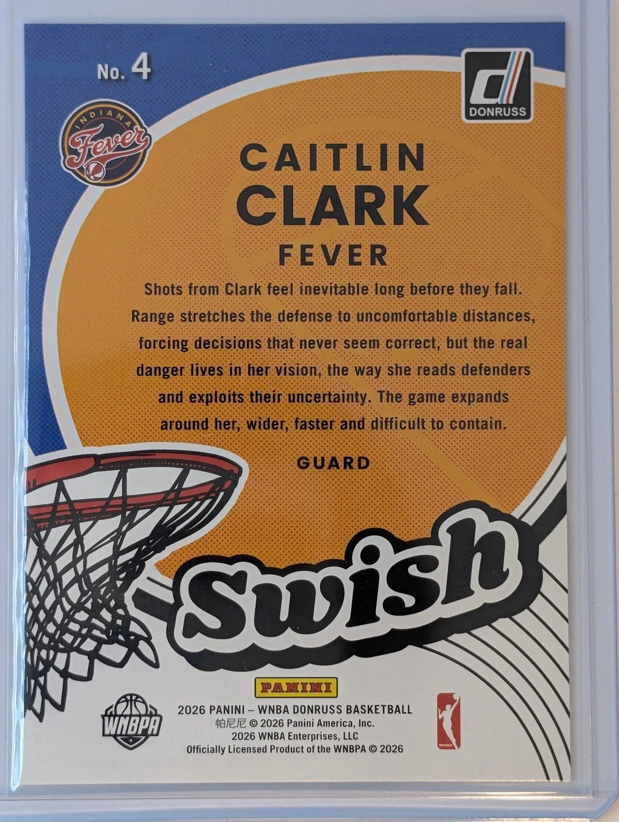 Back of 2026 Panini Donruss WNBA #4 Caitlin Clark Swish