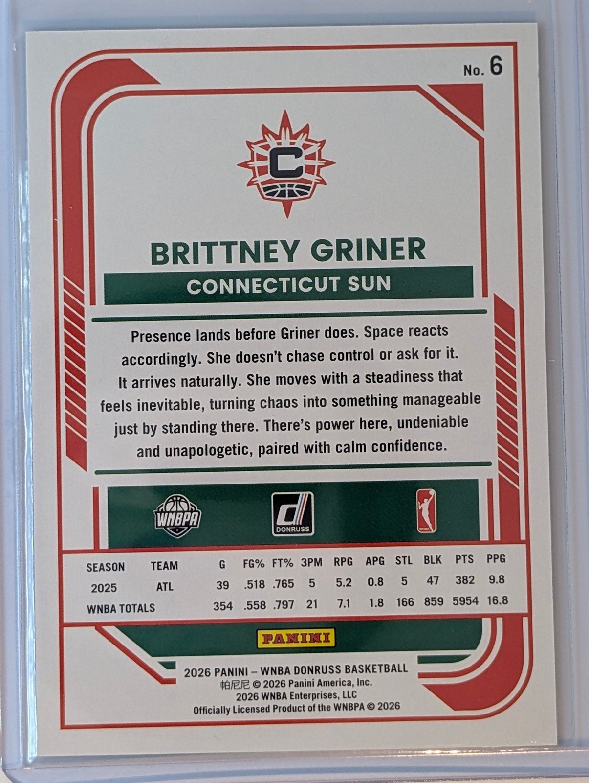 Back of 2026 Panini Donruss WNBA /399 Green Laser Brittney Griner #6