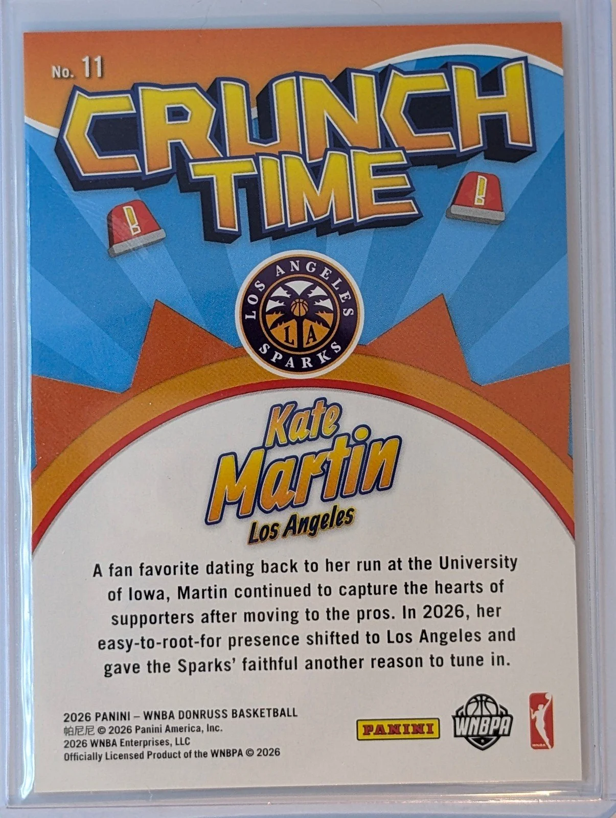 Back of 2026 Panini Donruss WNBA /99 Holo Laser Kate Martin #11