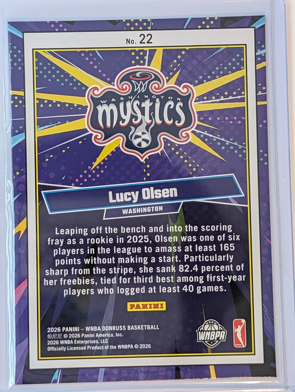 Back of 2026 Panini Donruss WNBA Lucy Olsen Net Marvels Diamond #22