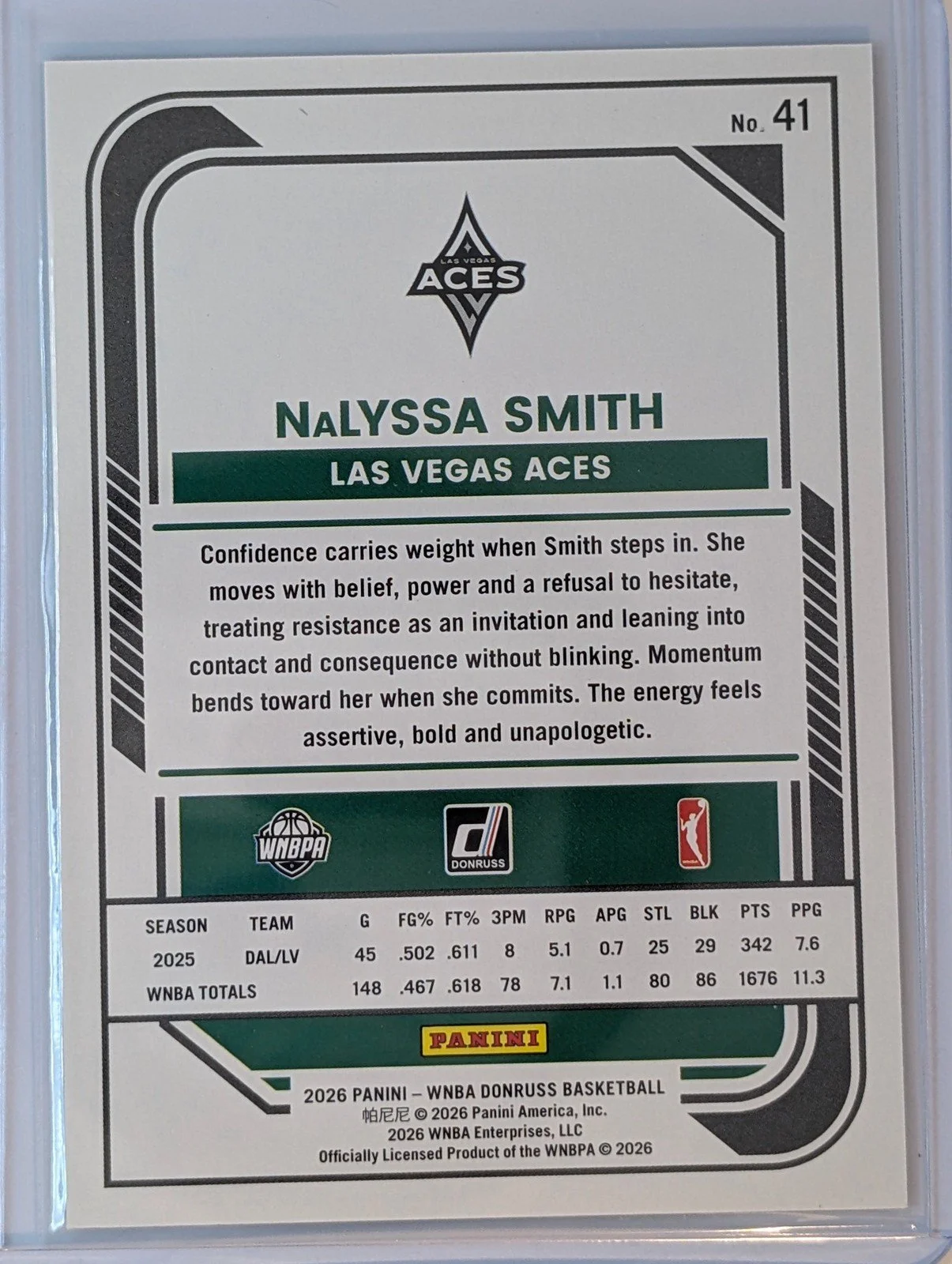 Back of 2026 Panini Donruss WNBA /399 Nalyssa Smith Green Laser #41