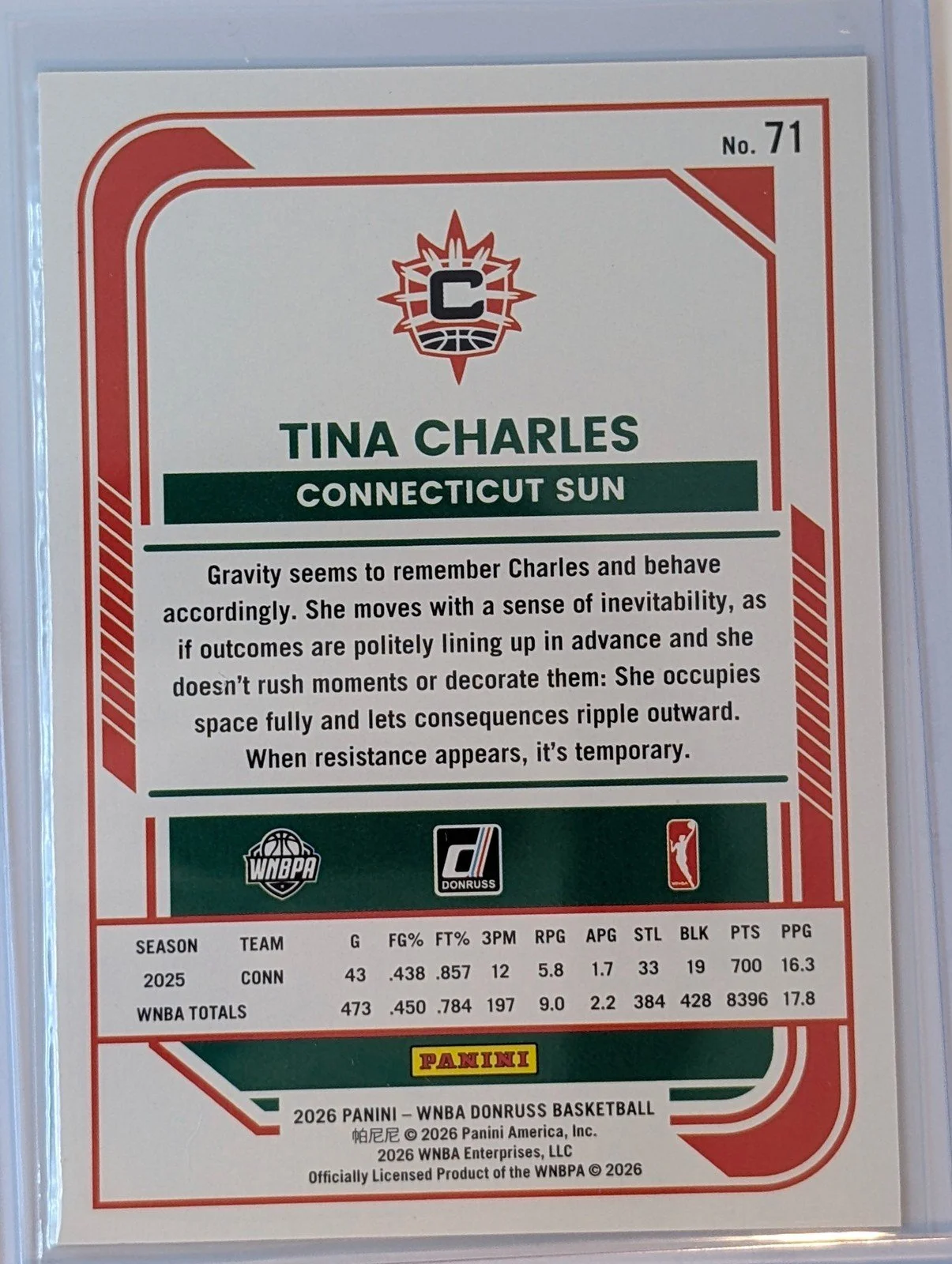 Back of 2026 Panini Donruss WNBA /299 Orange Laser Tina Charles #71
